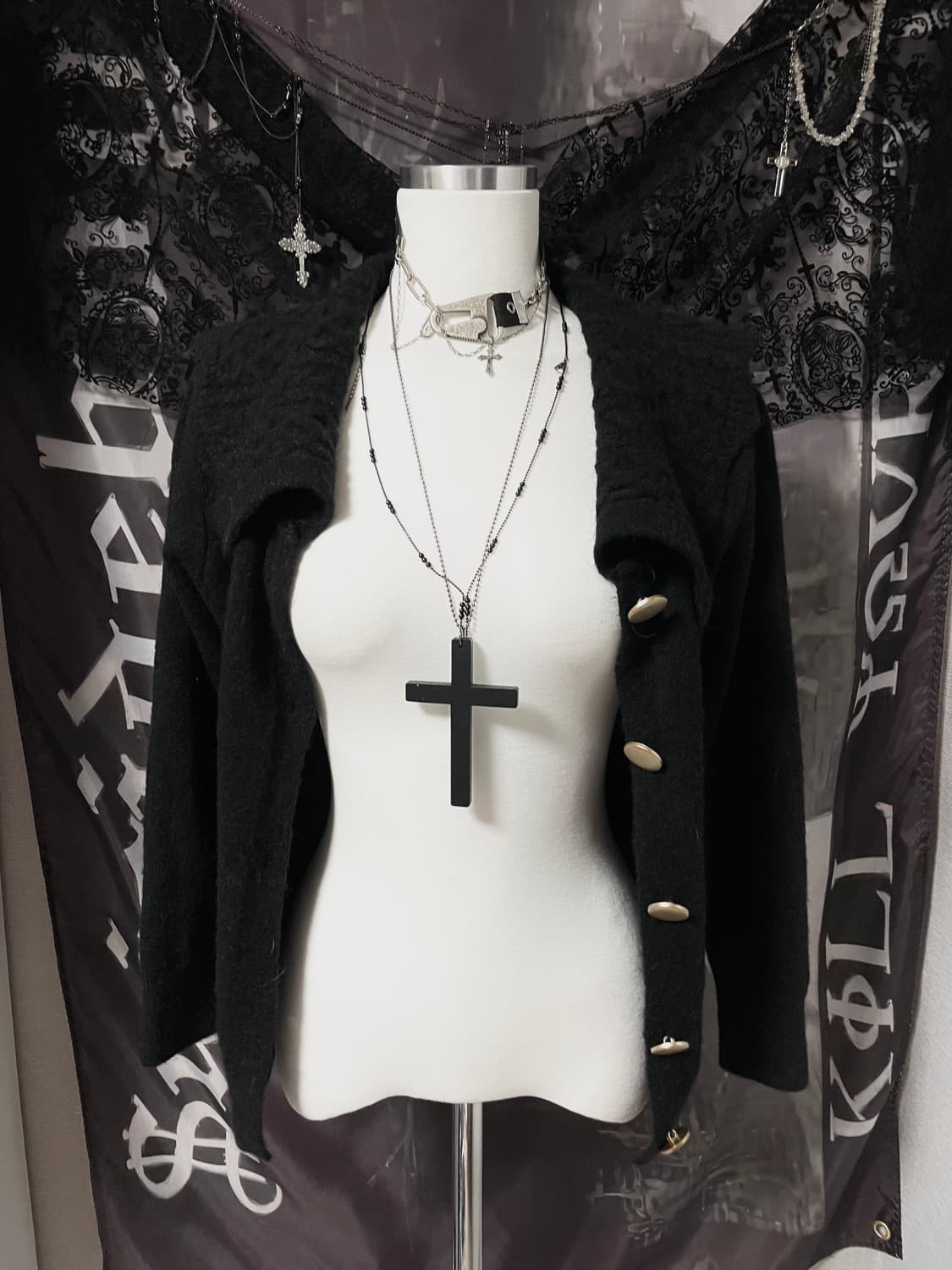 빈티지 블랙 빅카라 세일러 금장버튼 니트가디건 모리걸로걀갸루디마럽마즈st 상품이미지3