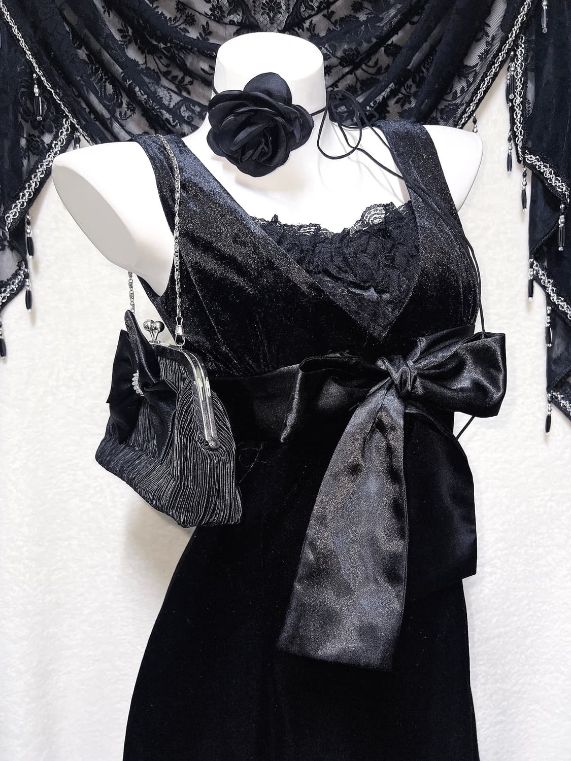 로맨틱고딕 고스로리 펑크 프릴레이스 리본 벨벳 원피스 히메 공겜 갸루 상품이미지3