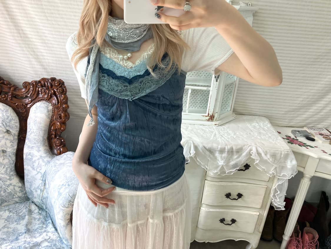 Set)블루 벨벳 레이스 나시 + 레이스 오프숄더 반팔+소라레이스머플러 상품이미지3