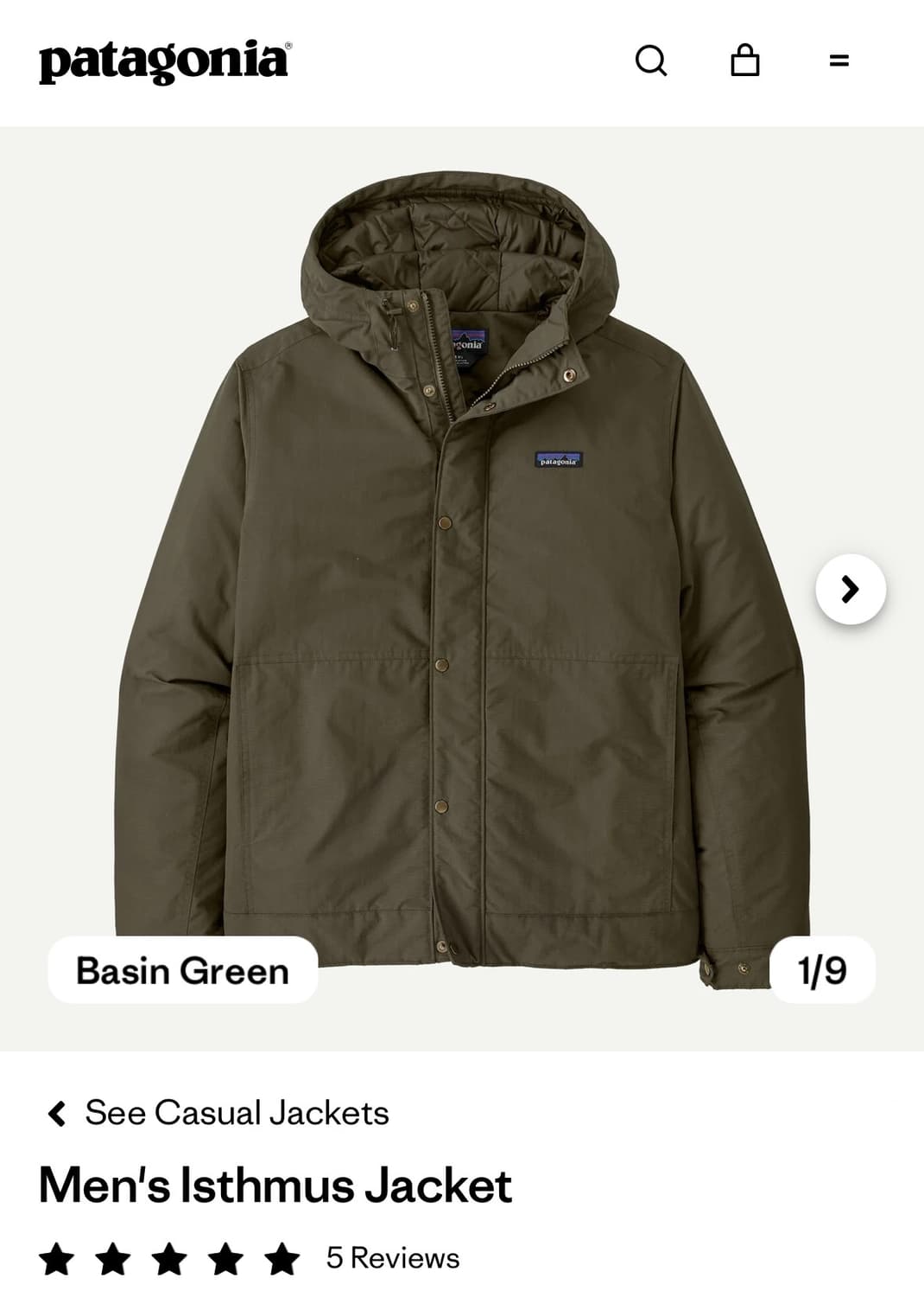 파타고니아 이스머스 자켓 L 카키 상품이미지1