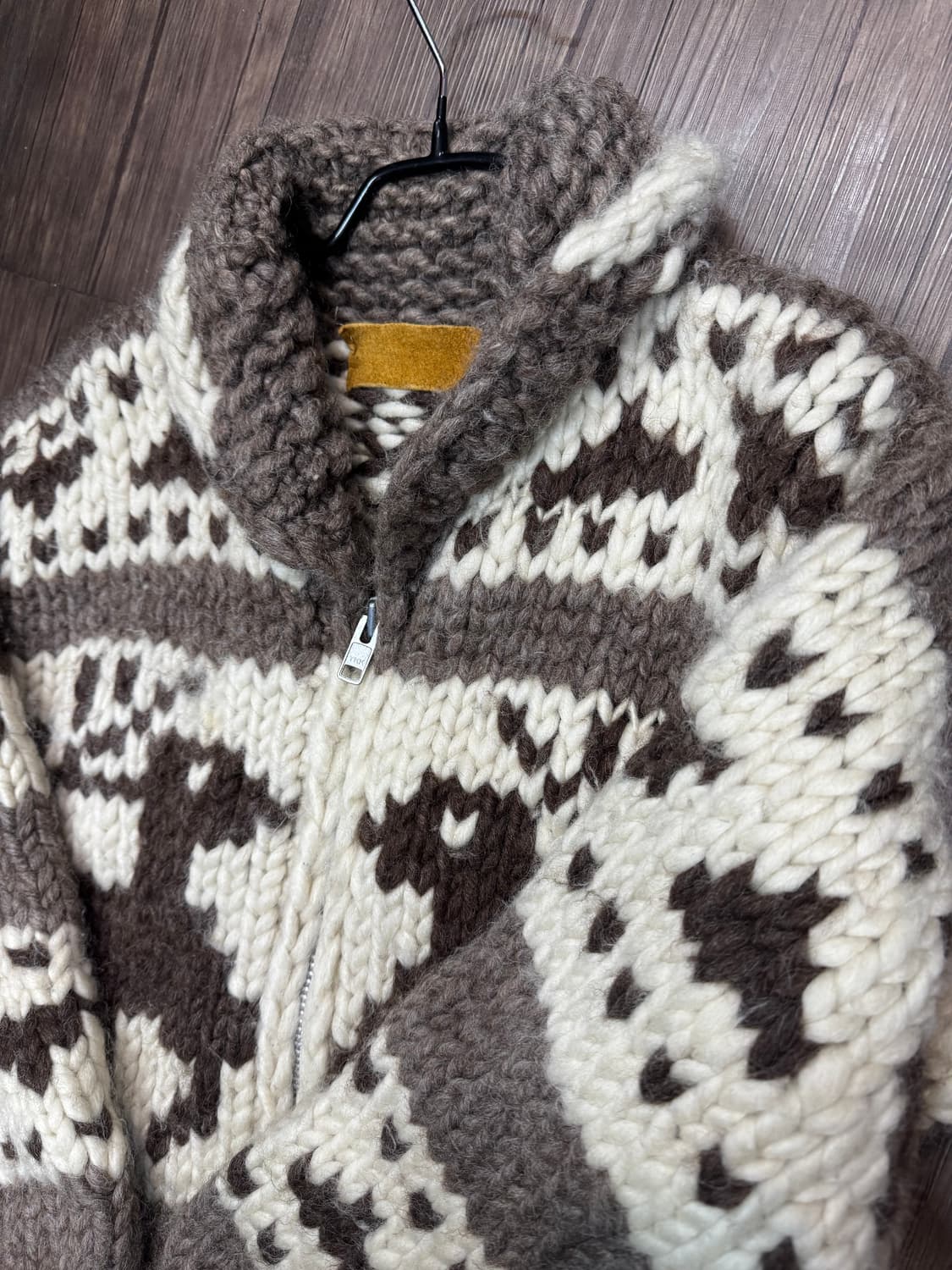 90's 핸드메이드 캐나다 코위찬 패턴 양모 니트집업 L 상품이미지3