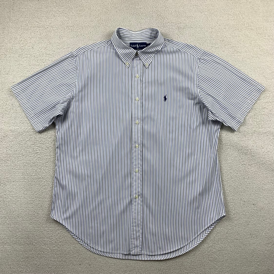 폴로 랄프로렌 포니로고 커스텀핏 네이비 스트라이프 하프셔츠 상품이미지1