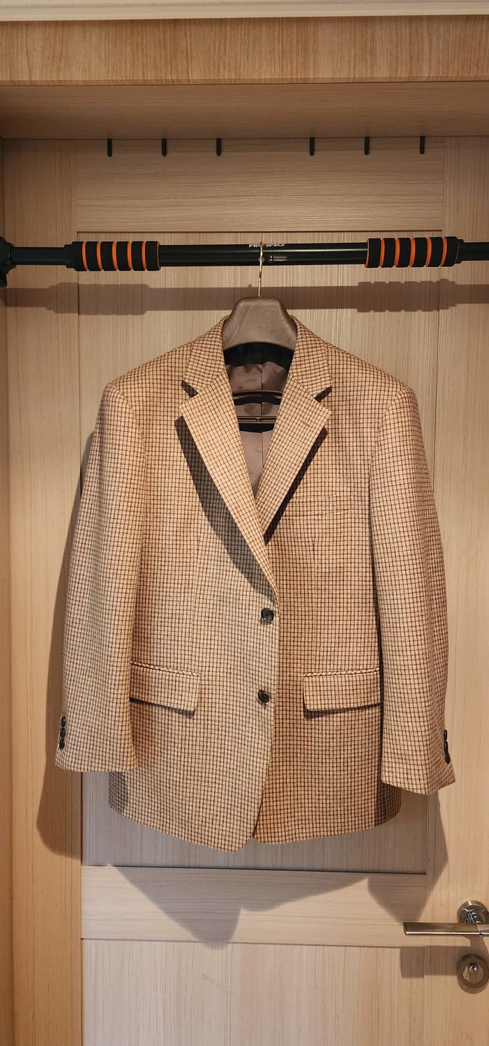 베이지 체크 모직 자켓 L 상품이미지1