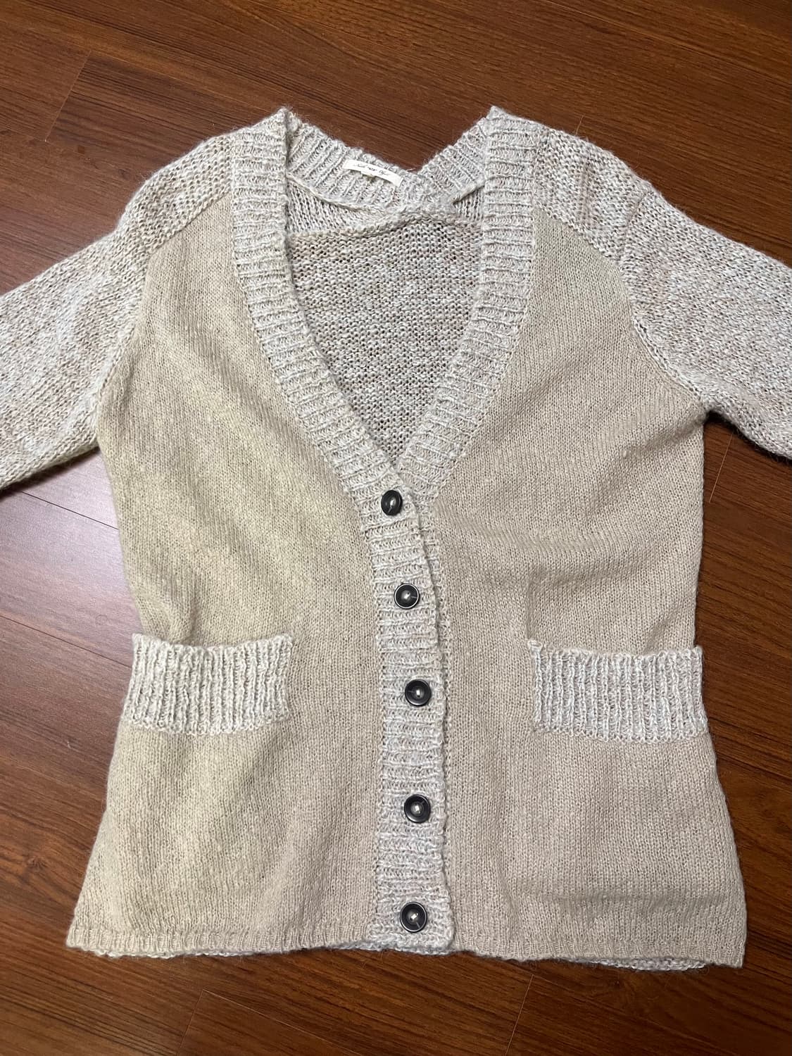 빈티지 아이보리 베이지 배색 니트 가디건 상품이미지1