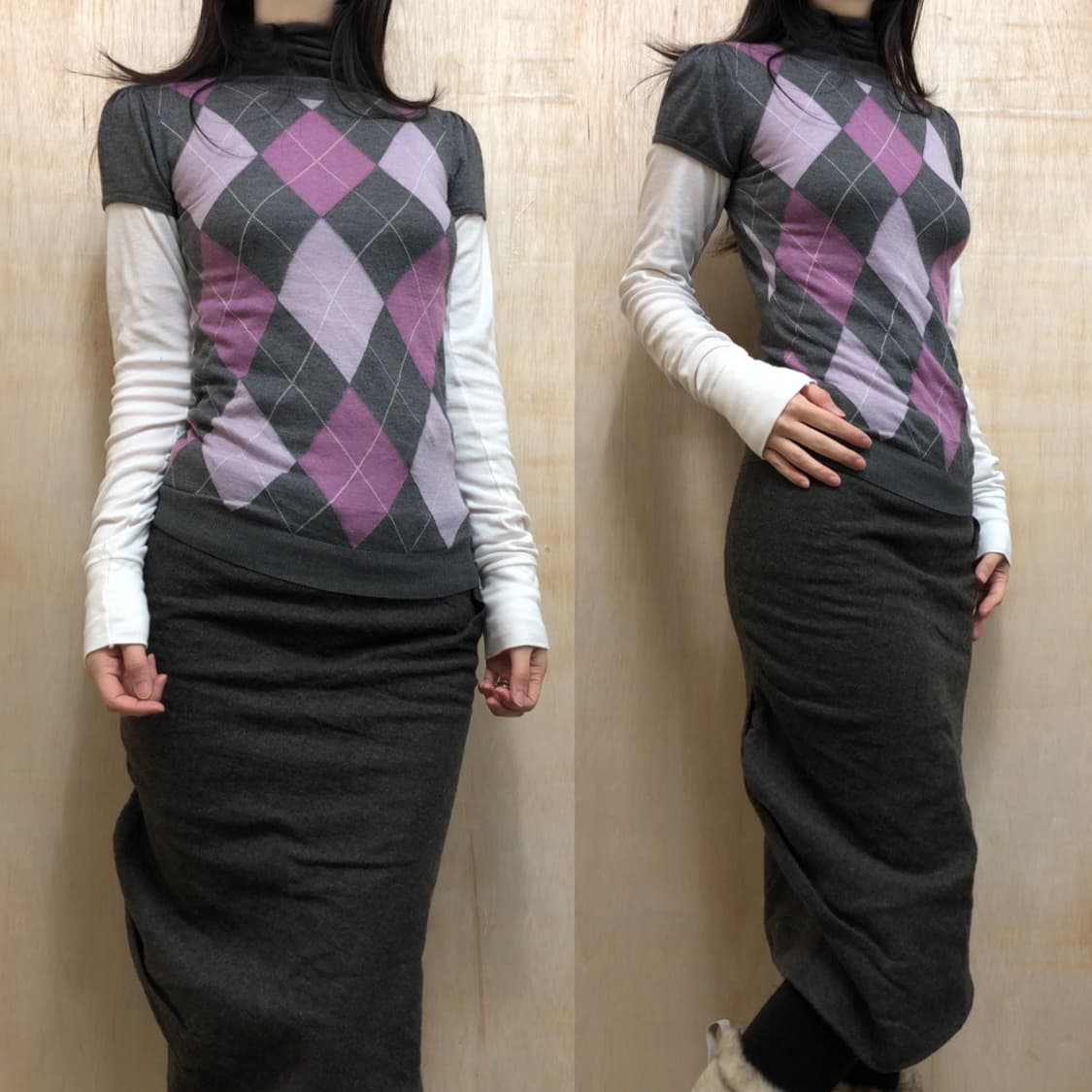 [직수입] 빈티지 아가일 폴라 반팔 니트 탑 상품이미지1