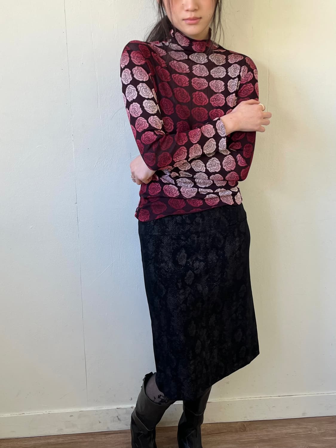 Japan vtg 로즈 시스루 터틀넥 상품이미지4