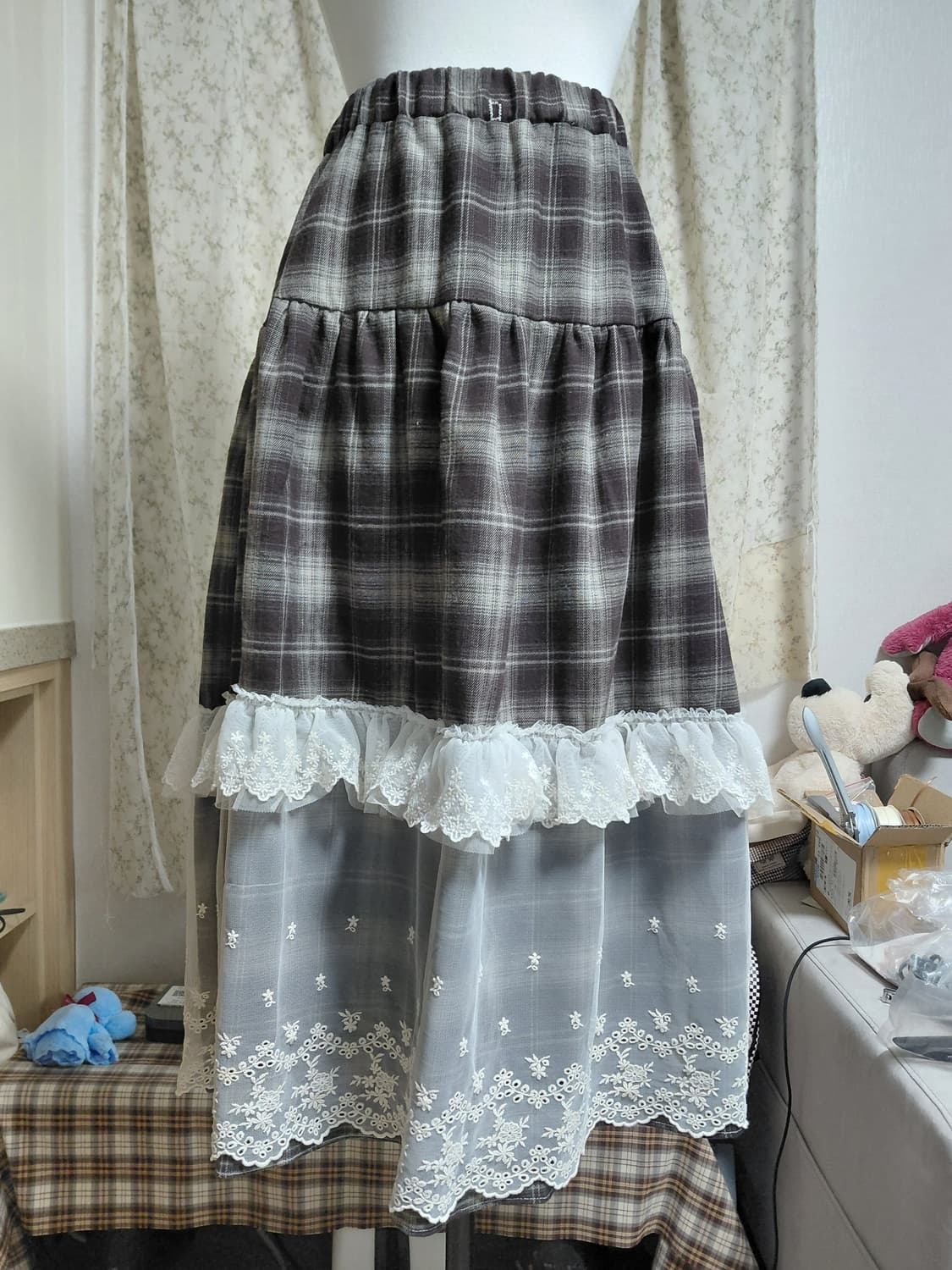 [핸드메이드] 체크 레이스 롱 스커트 상품이미지4