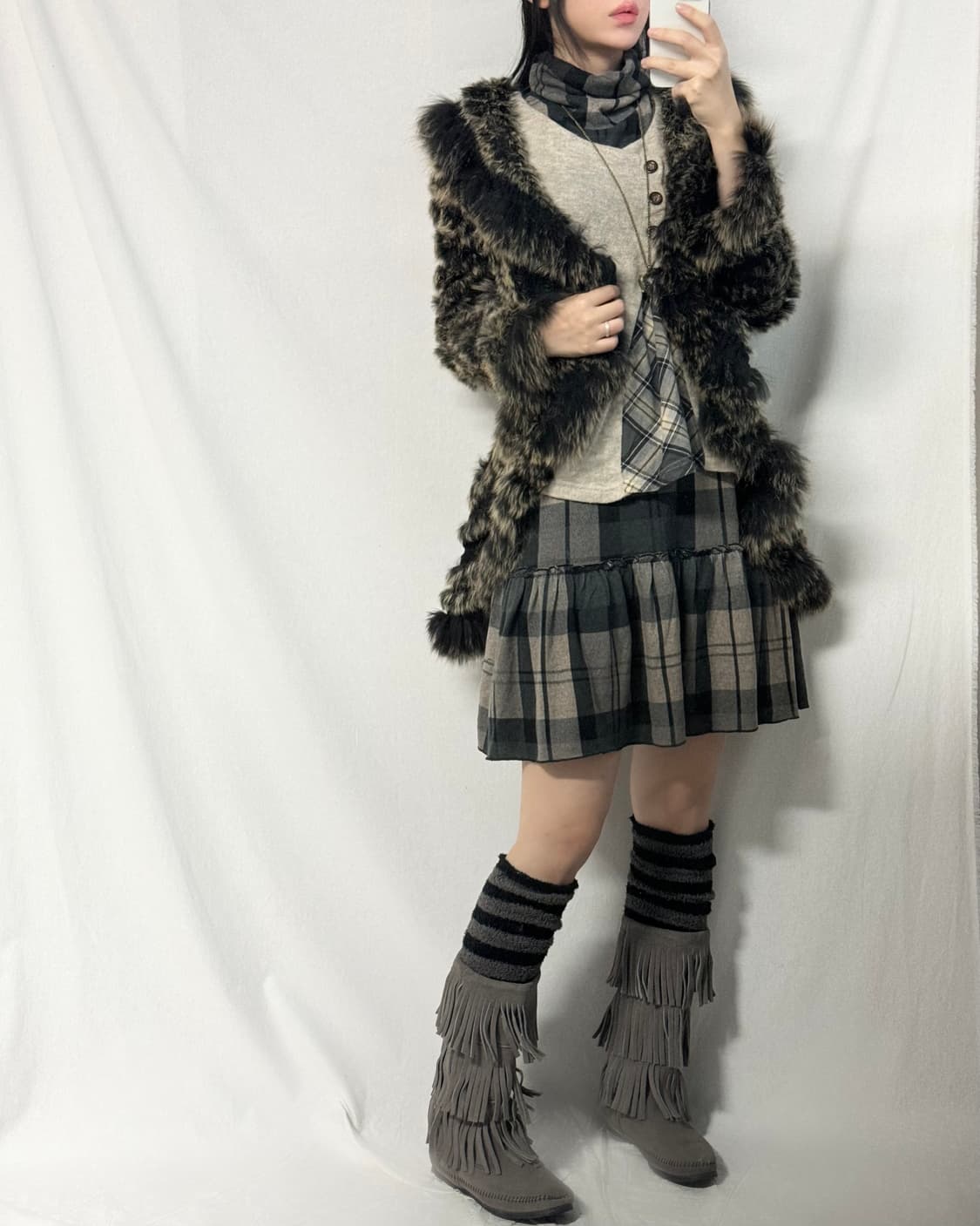 래빗/폭스 퍼 트리밍 울 니트 코트 상품이미지5