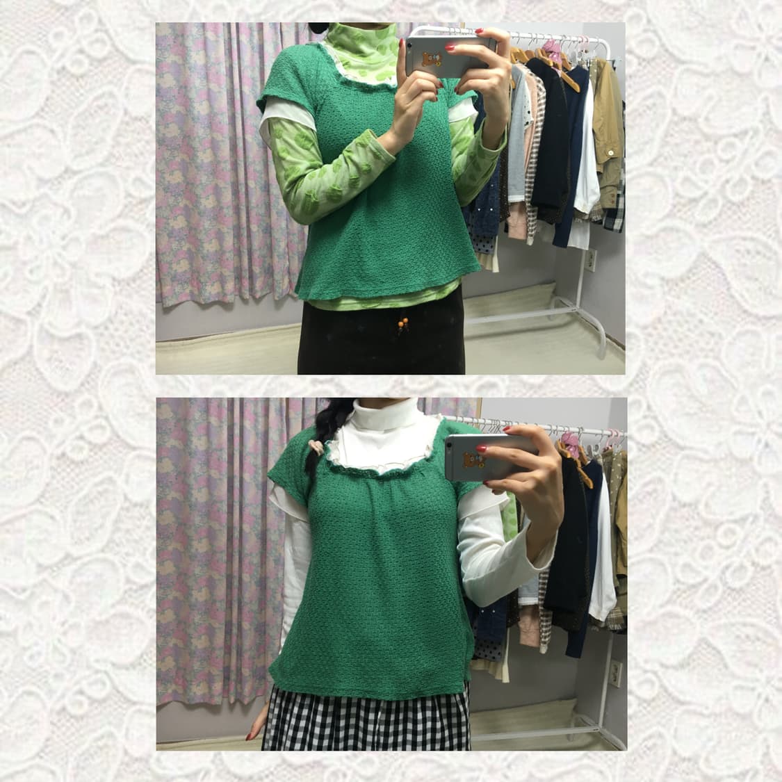 그린 쉬폰 반소매 니트탑 상품이미지1