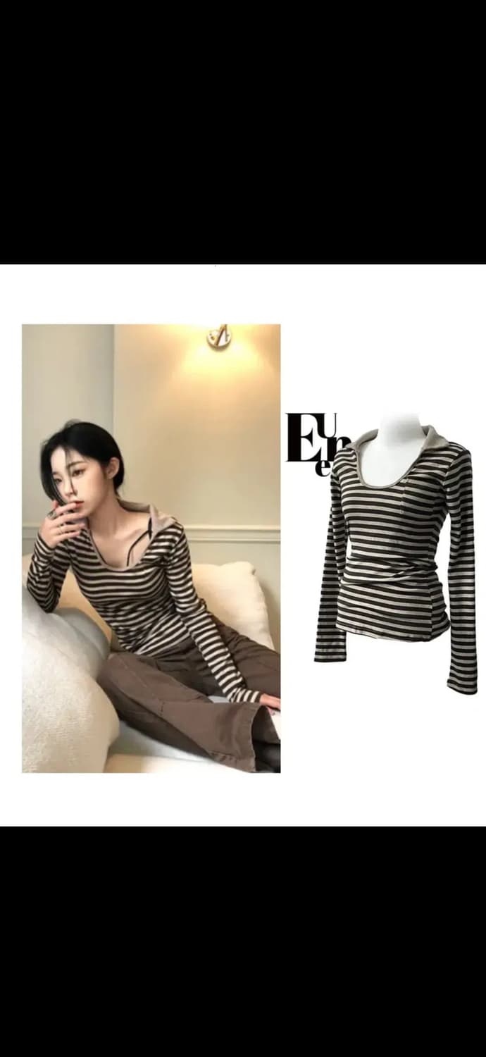 스트라이프 피케 브라운티셔츠 에이블리애즈온키미스원더원더애니원모어 상품이미지4