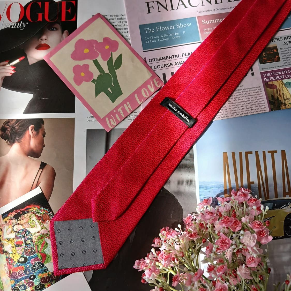 밀라숀 실크 핫핑크 로고 패턴 넥타이 8.8cm A+등급 A19754 상품이미지7