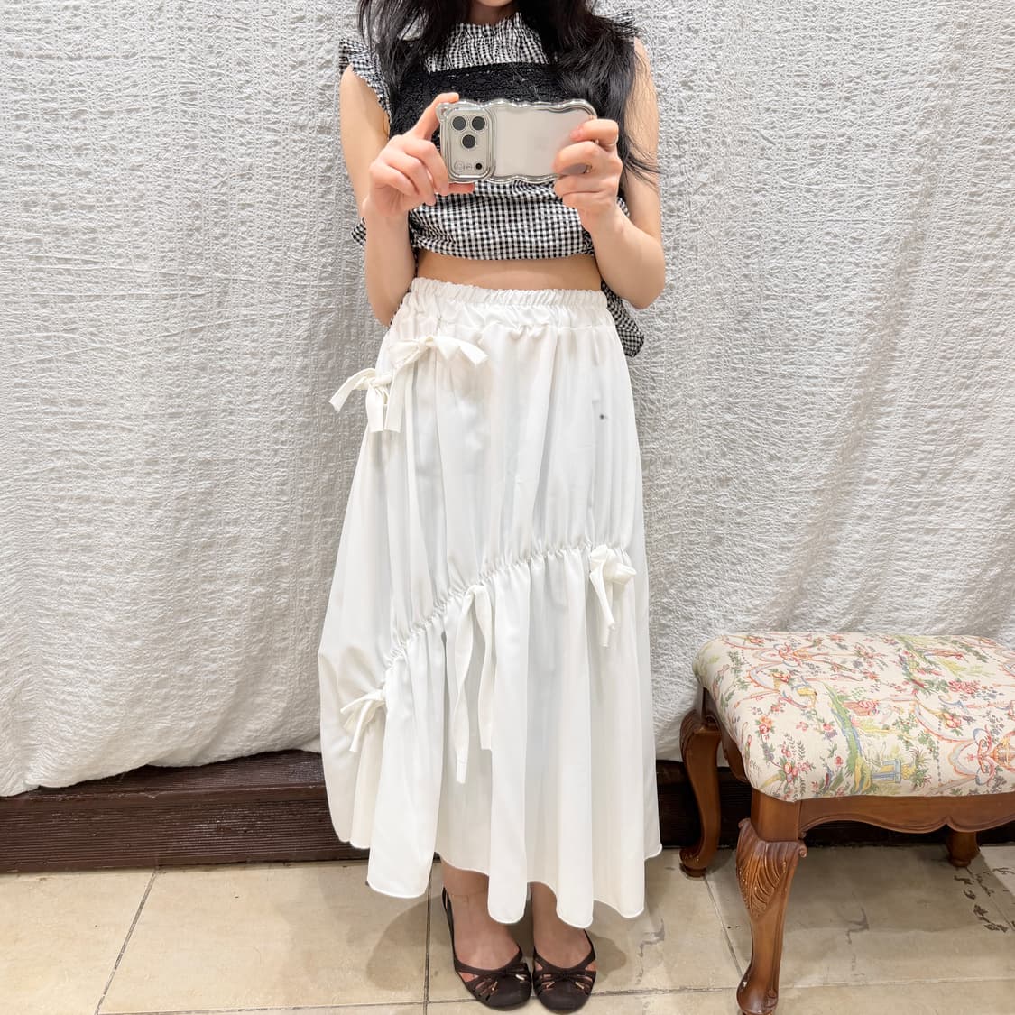 White ribbon shirred skirt 상품이미지3
