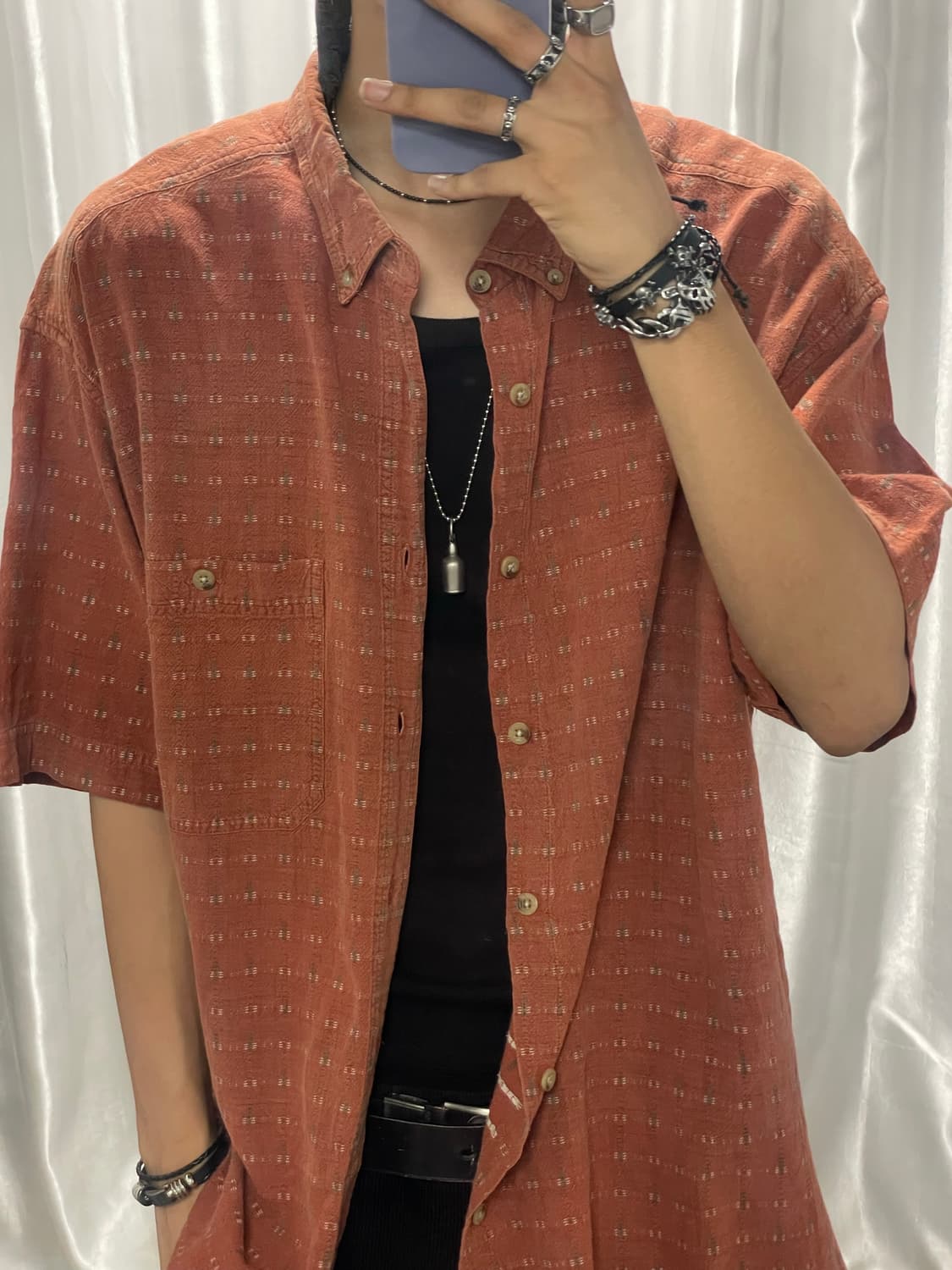 Burgundy cotton short-sleeved shirt 상품이미지3