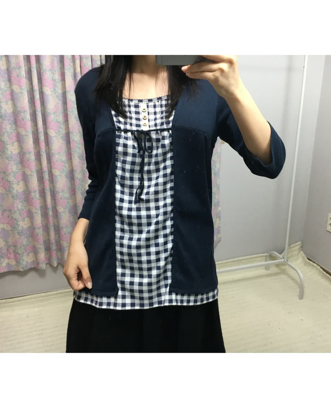 네이비 체크 레이어드 블라우스 상품이미지3