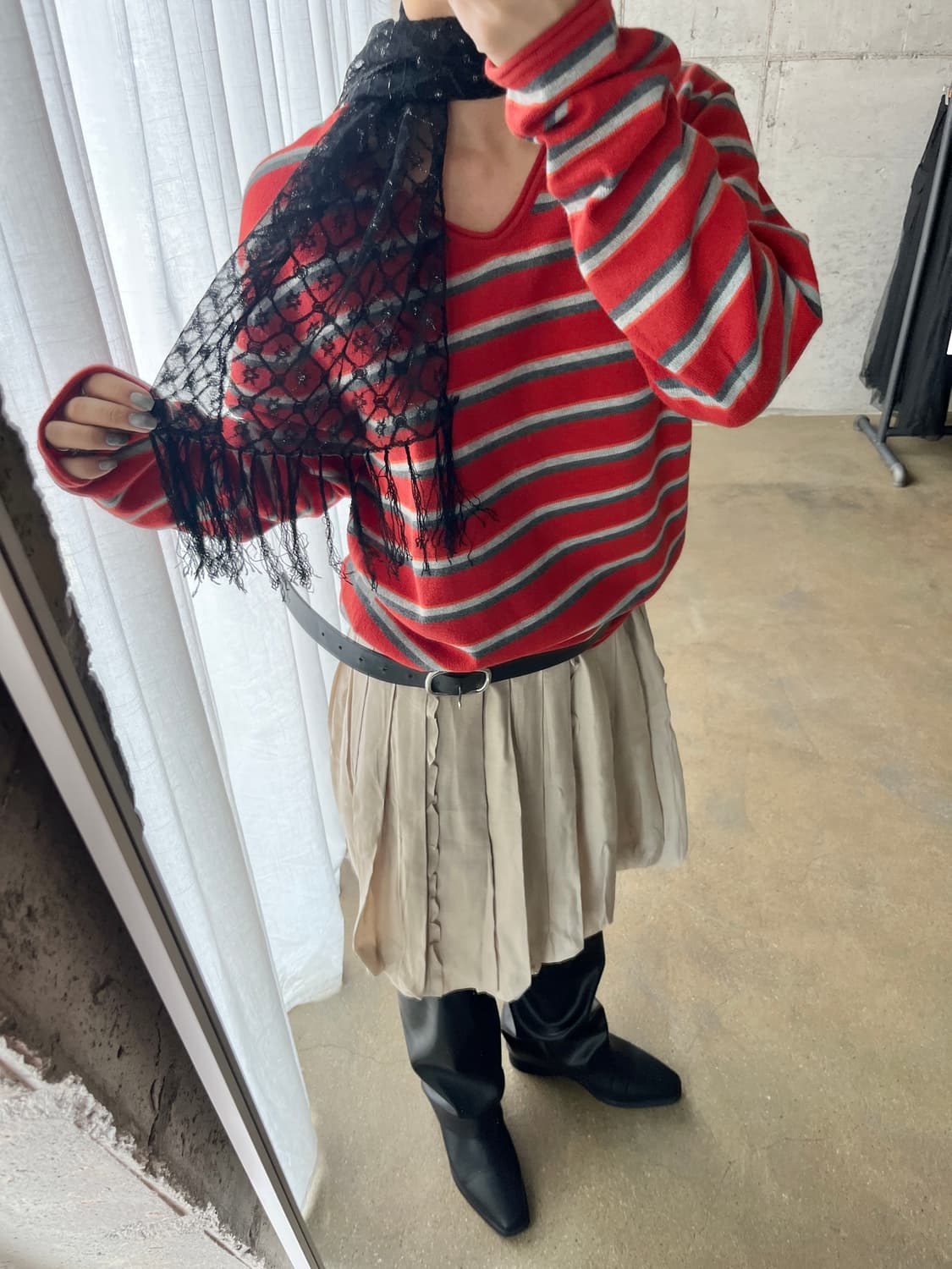 jpn 실버 펄사 레이스 롱 스카프 블랙 상품이미지1