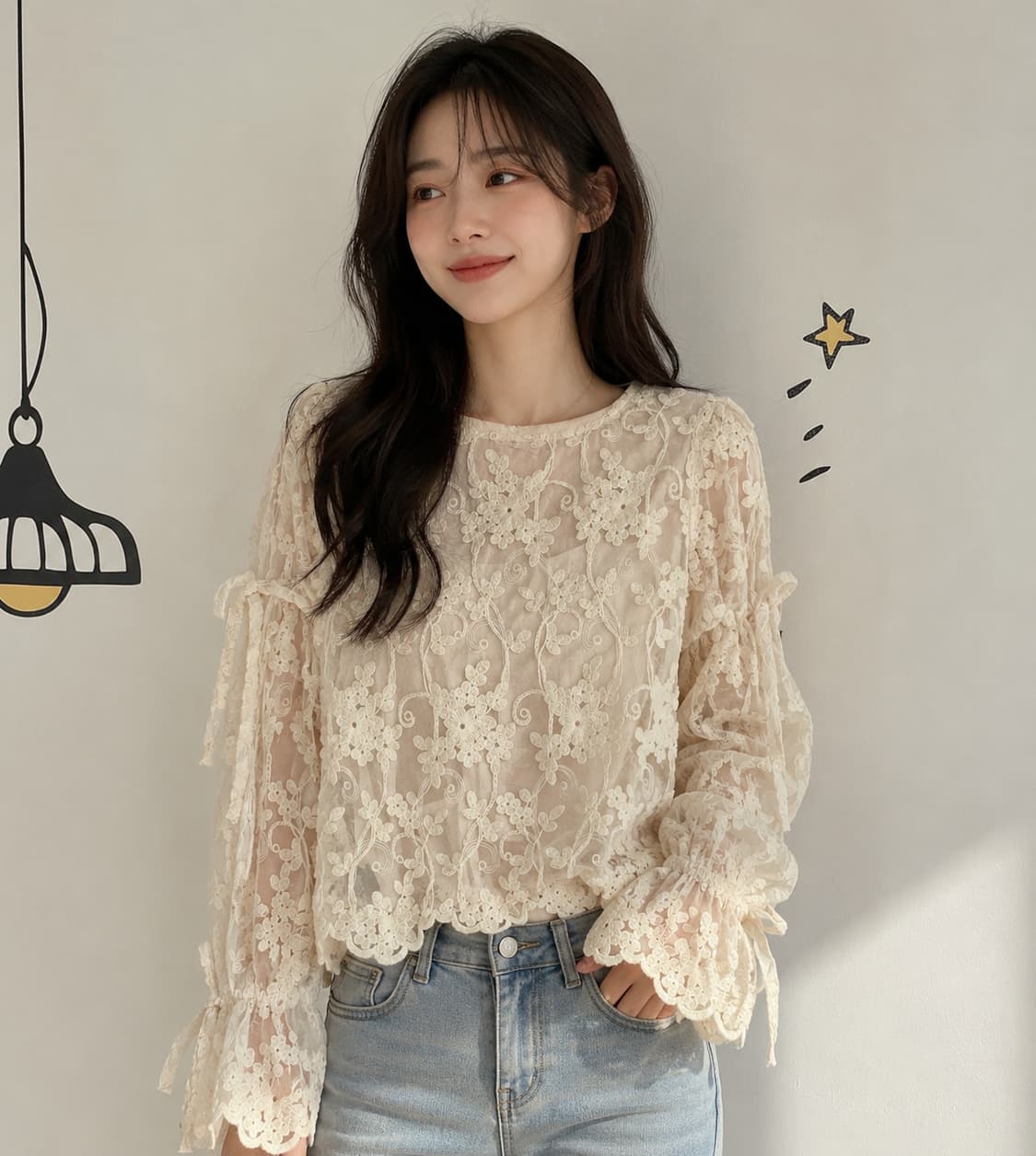 [새상품/FREE] GRL 그레일 플라워 자수 레이스 리본 블라우스 상품이미지1