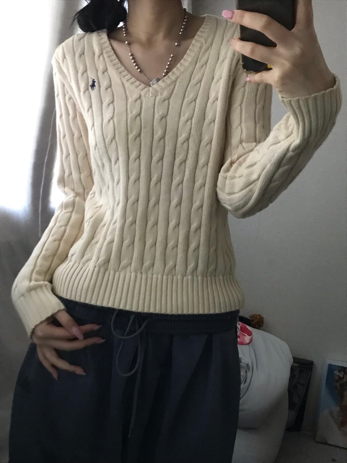 폴로 아이보리 브이넥 케이블 니트 상품이미지6