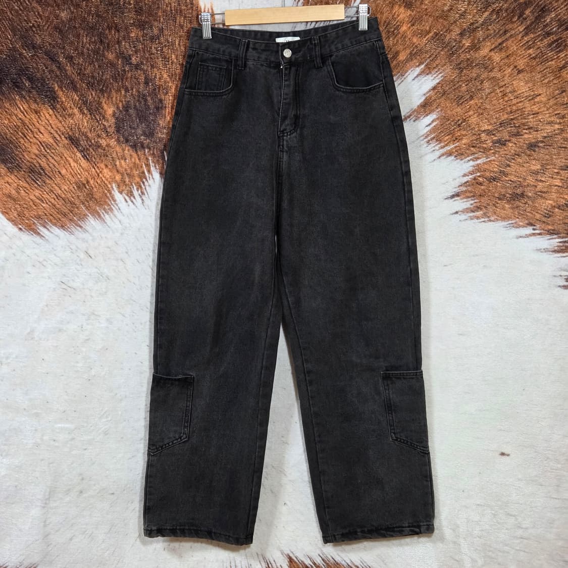 빈티지 흑청 밑단 포켓 와이드 데님 팬츠 상품이미지1