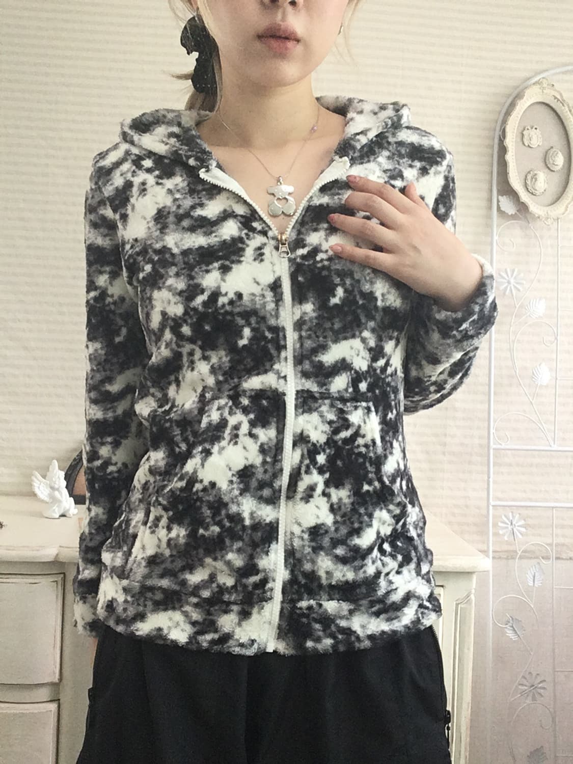 jpn vintage black marble fleece hood zip 상품이미지3