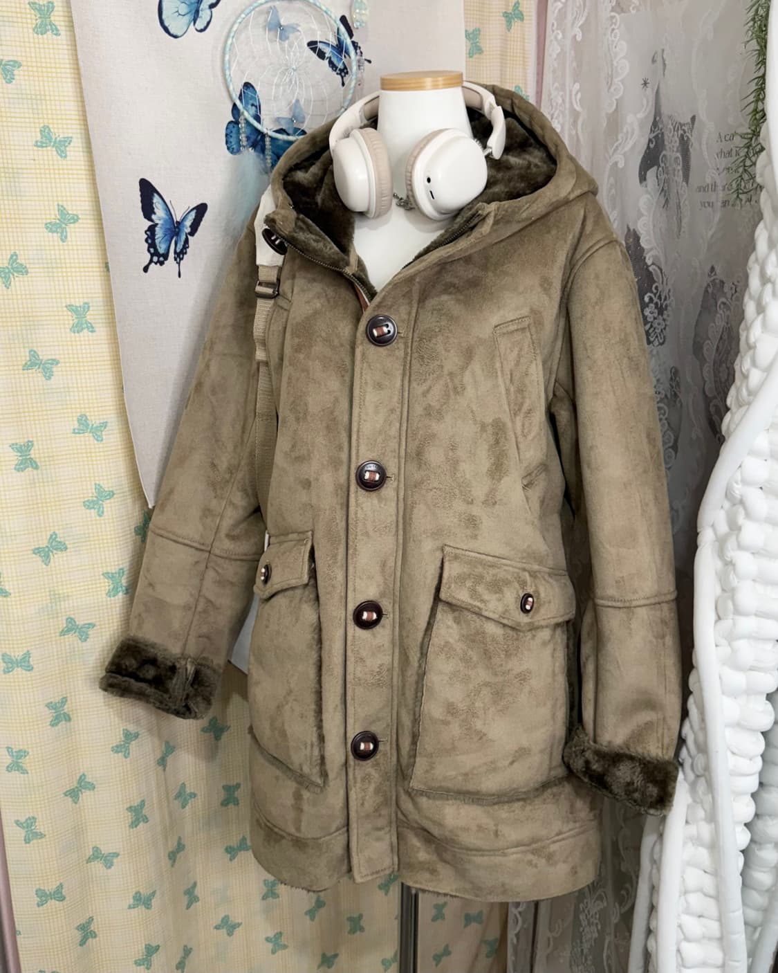 베이지 무스탕 후드 자켓 상품이미지2