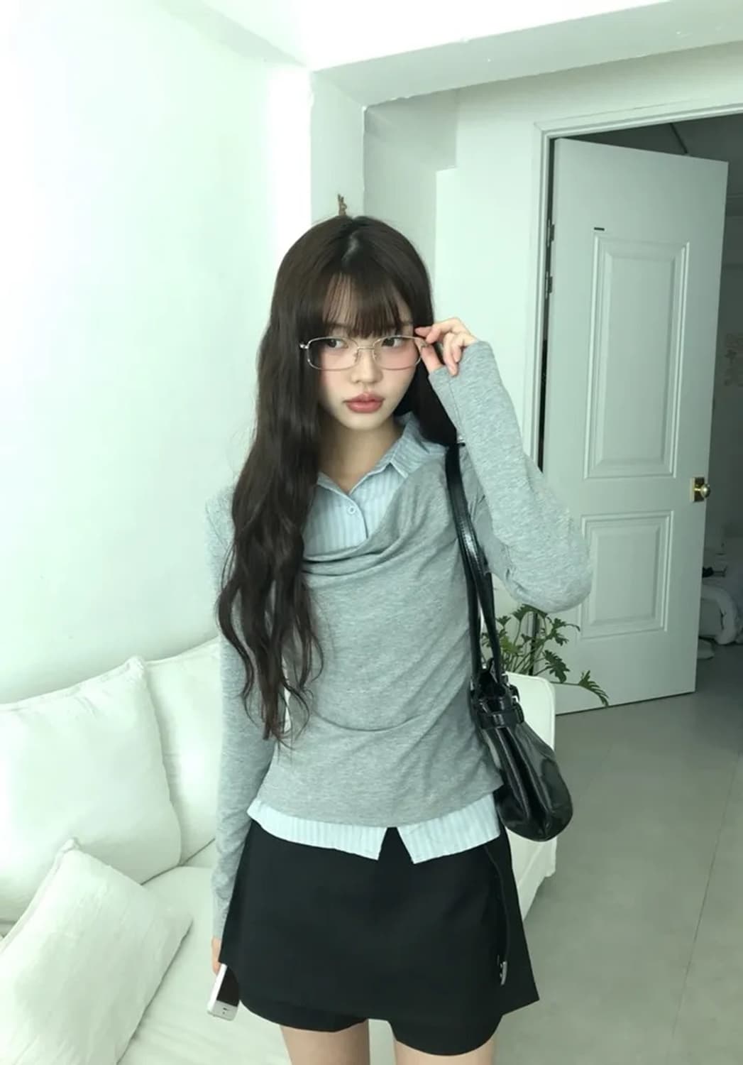 유색 헤브 레이어드 일체형 셔츠 드레이프 긴팔 상품이미지4