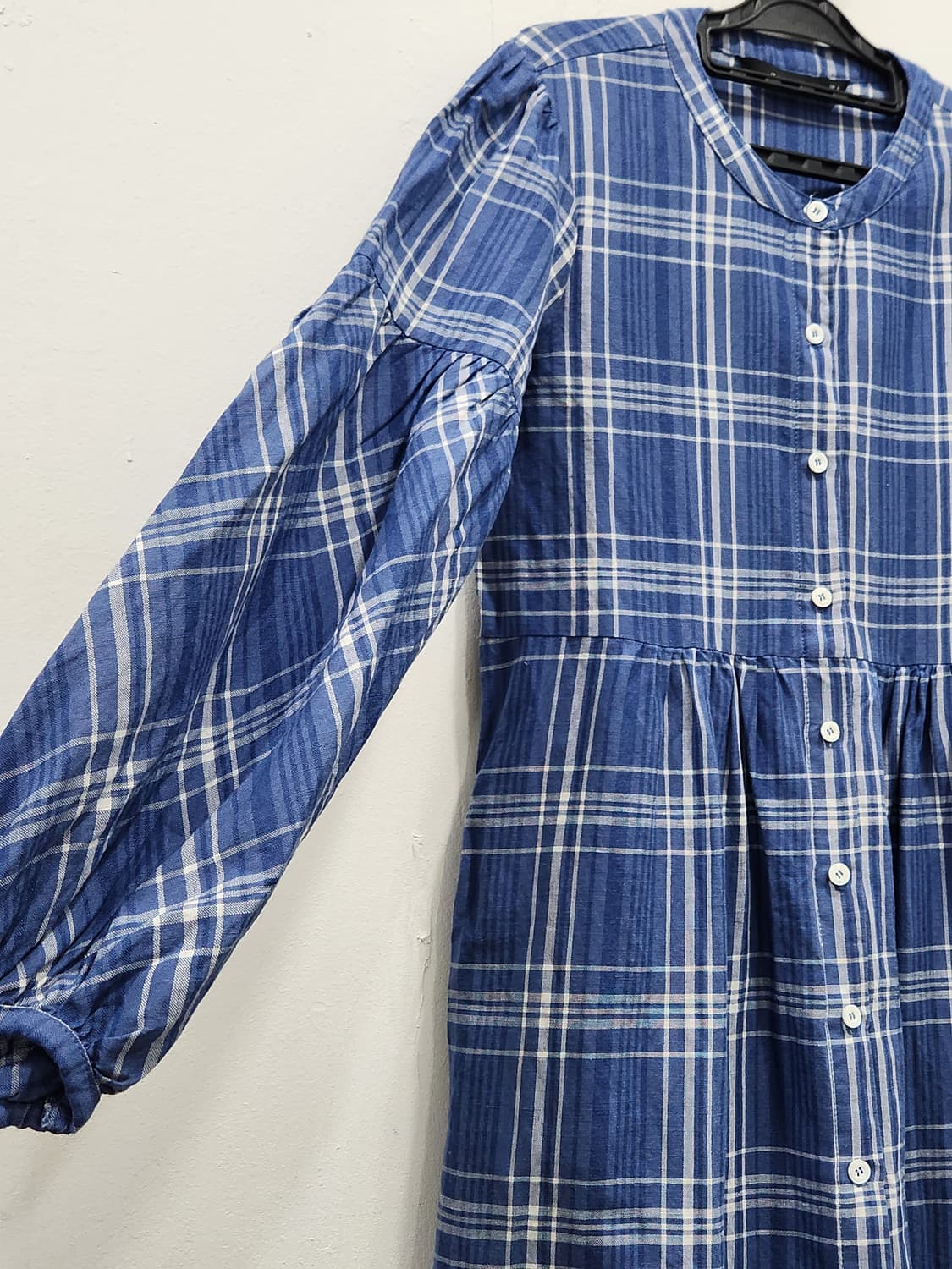 [S] 자라 린넨 블루 체크 롱원피스 벌룬 소매 상품이미지4