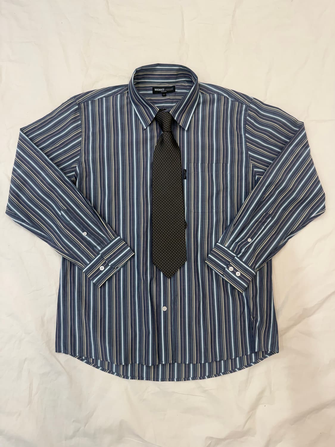 빈티지 블루 멀티 스트라이프 셔츠 & 다크 패턴 넥타이 세트 상품이미지5