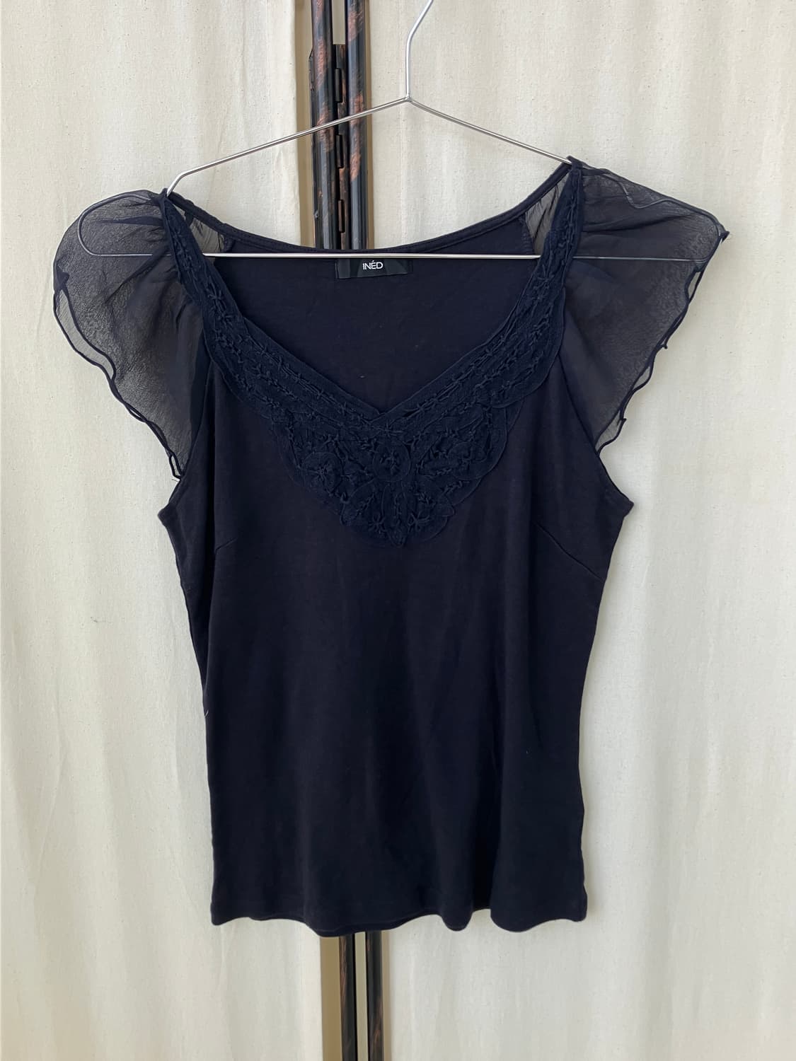 navy crochet shoulder sheer blouse 상품이미지3