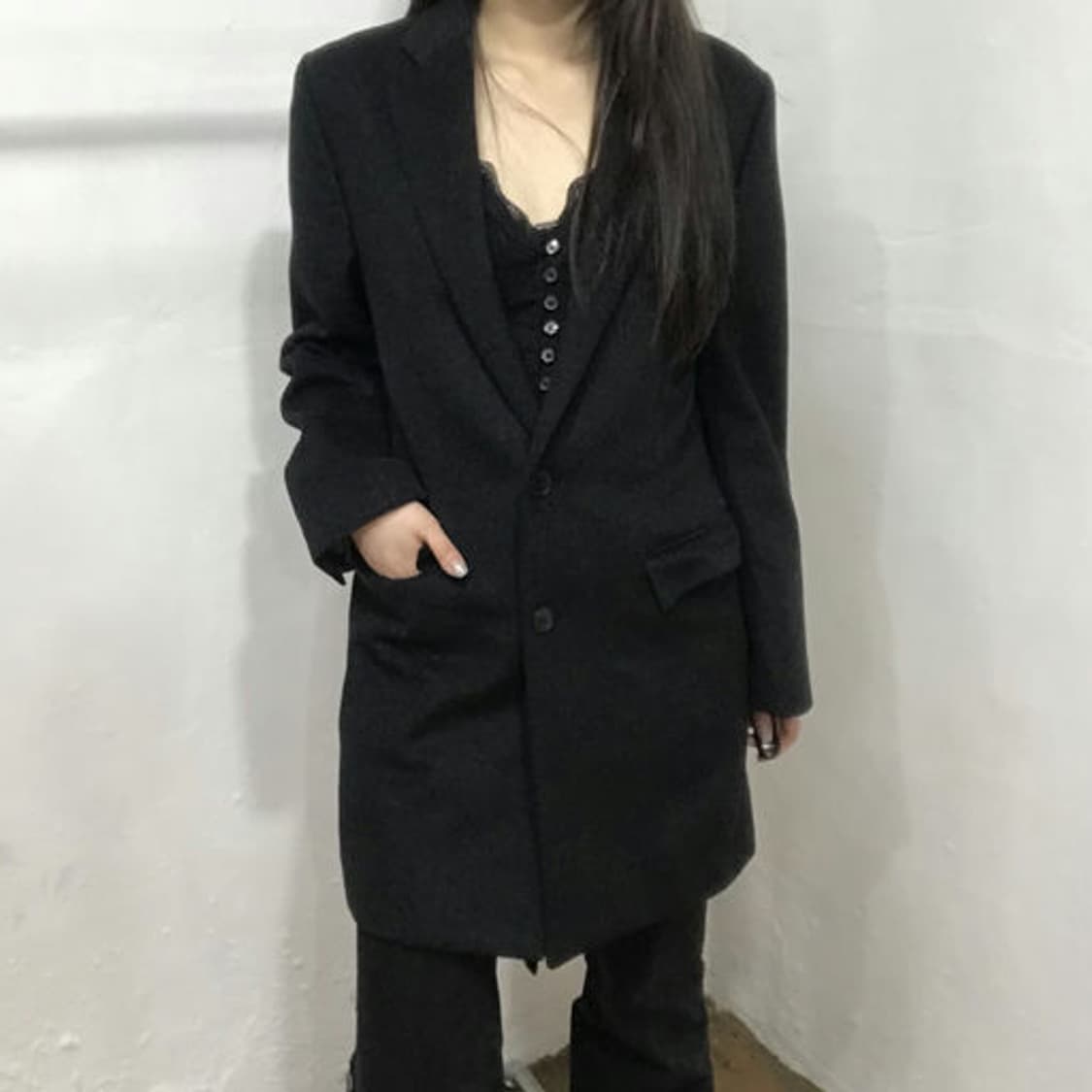 빈티지 미니멀 오버핏 싱글 롱 자켓 상품이미지1