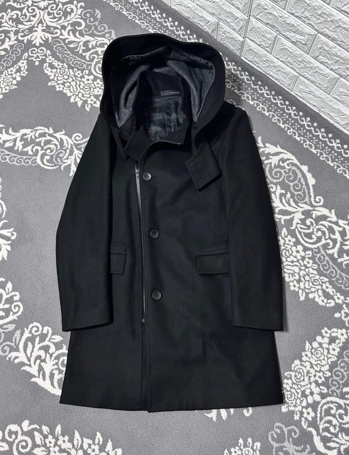 우영미 사선 사무라이 후드 울 코트 상품이미지2