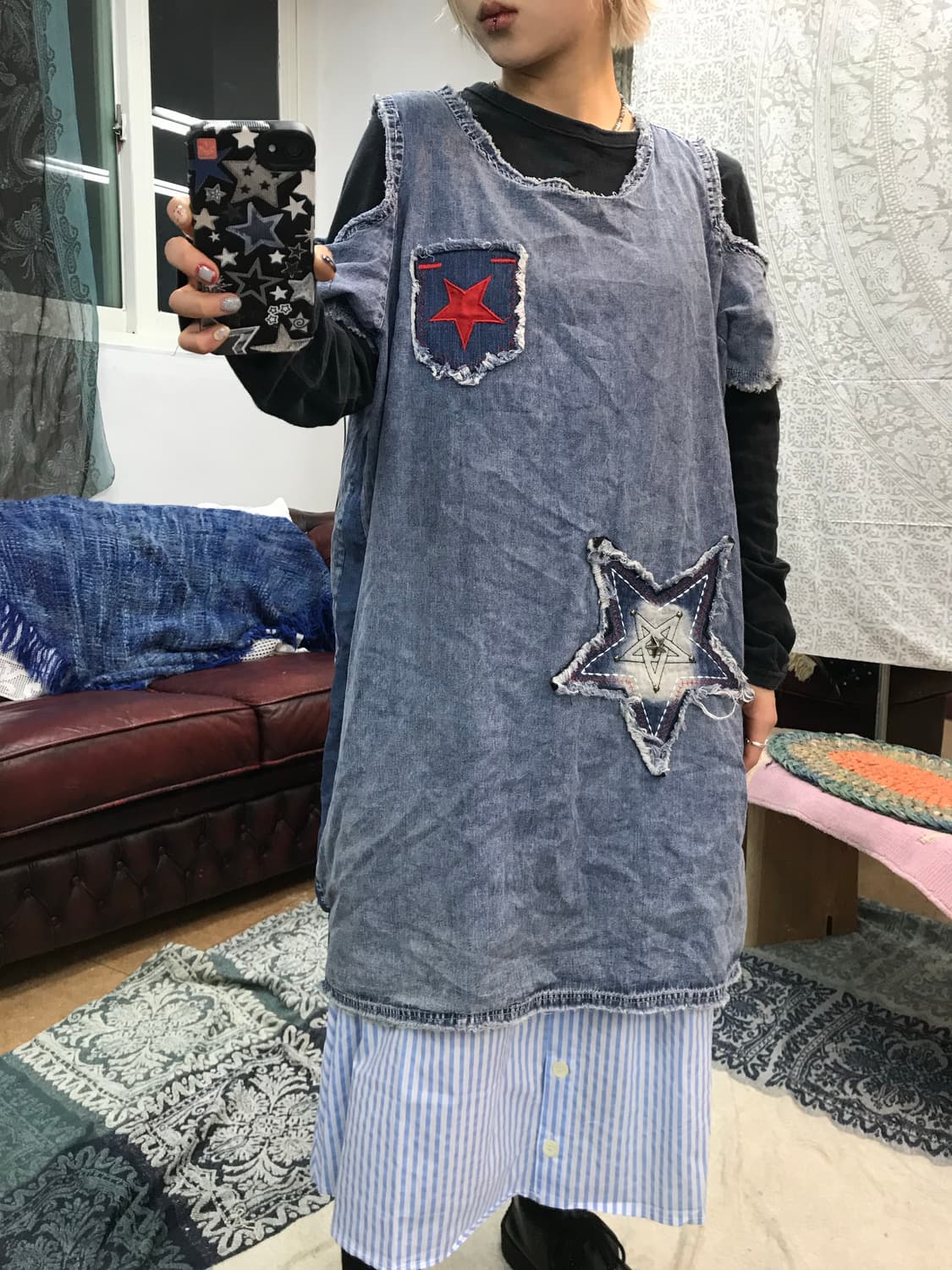 Yibojingpin 여성 별 패치 데님 원피스  상품이미지1