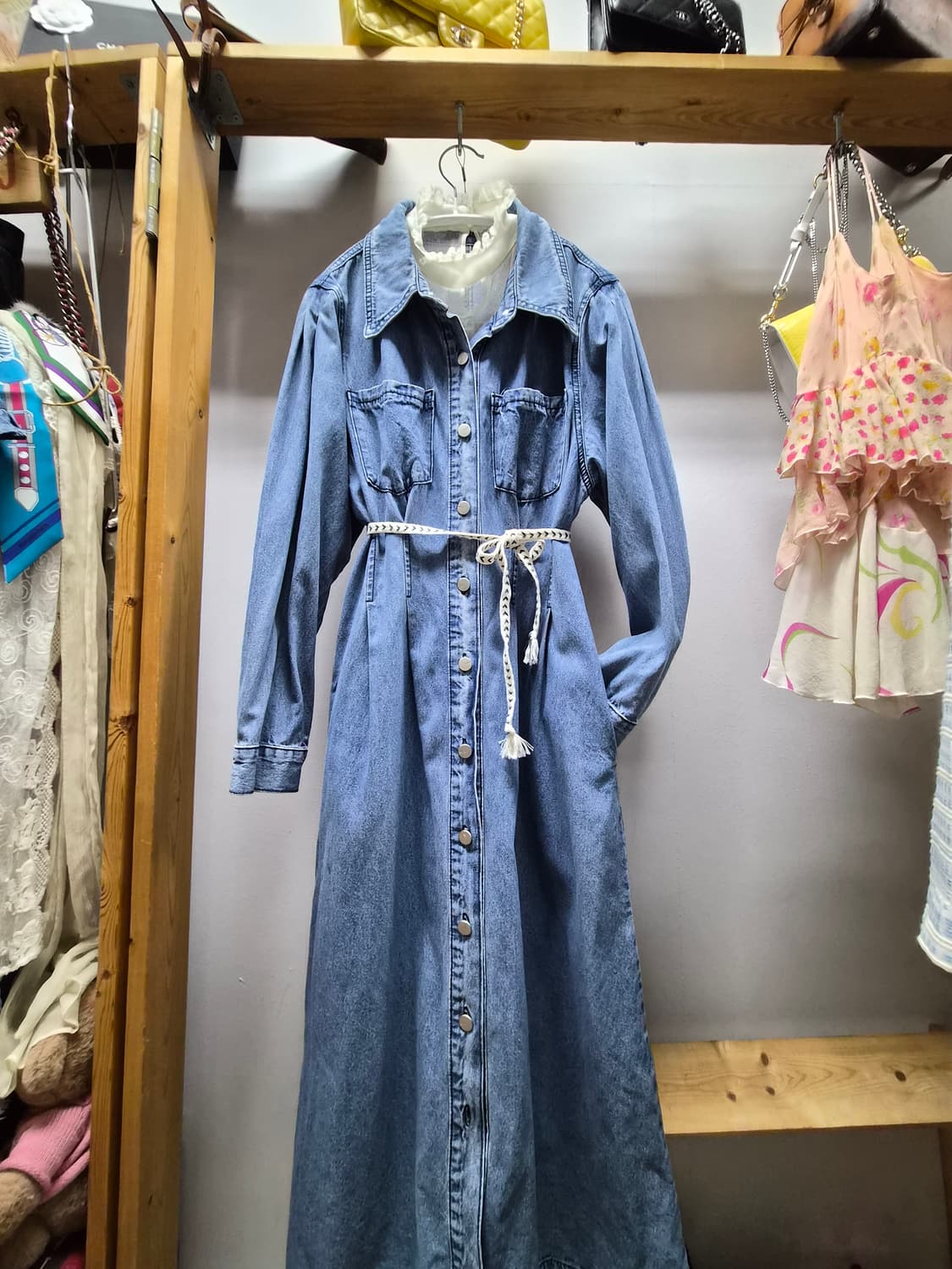 랩 벌룬 데님 롱 원피스 상품이미지1