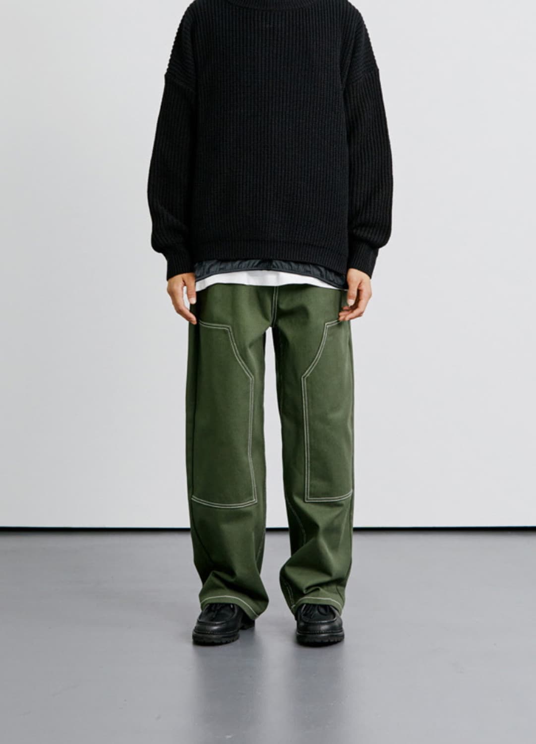 케이엔드 히로이 더블니 와이드 팬츠 카키 상품이미지7