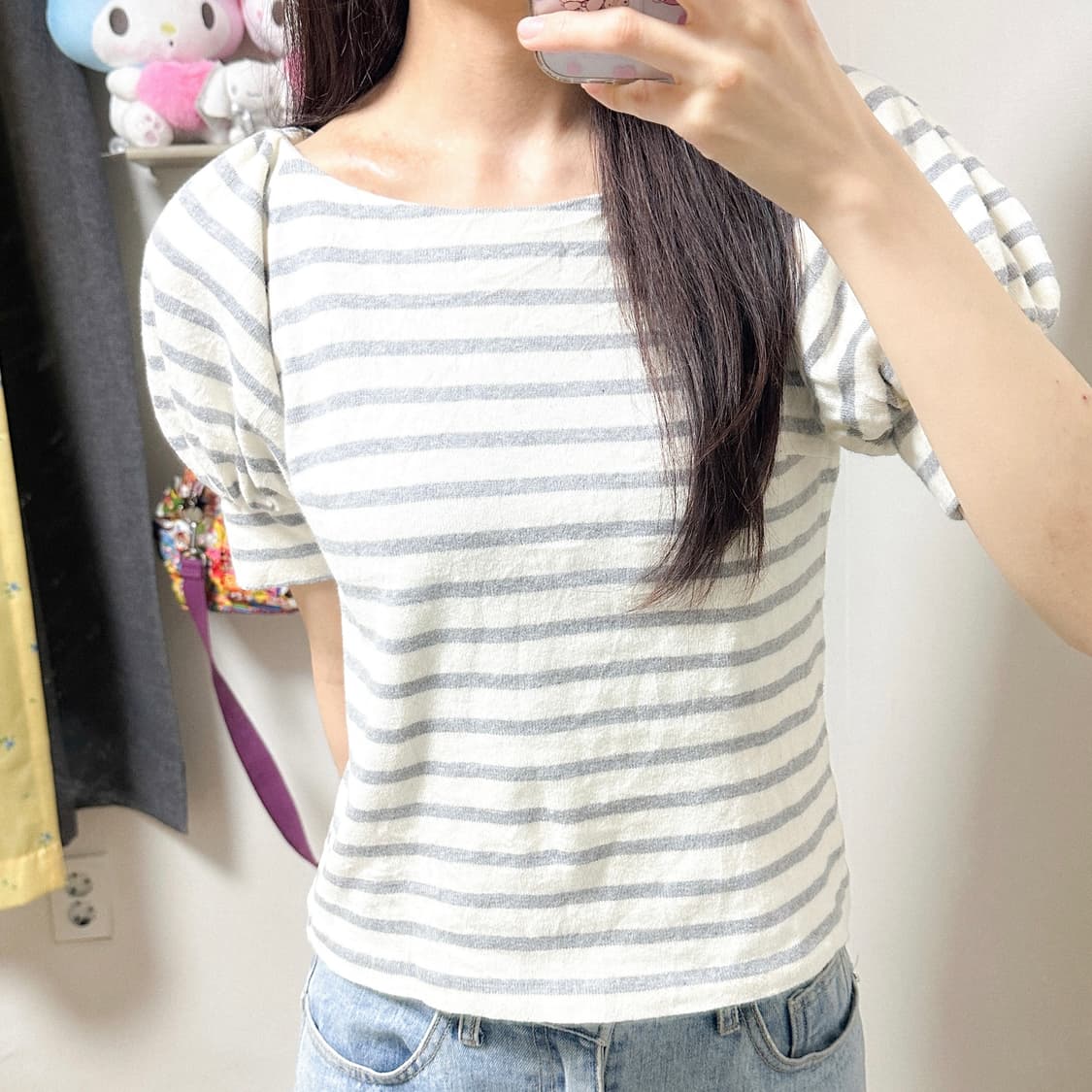 빈티지 그레이 스트라이프 반팔 니트 티셔츠 히메갸루 로걀 라떼 스나계 상품이미지1