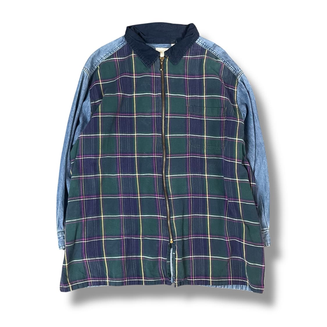 JUST FOR 코듀로이 카라 타탄체크 코튼 청 데님 셔츠  상품이미지1