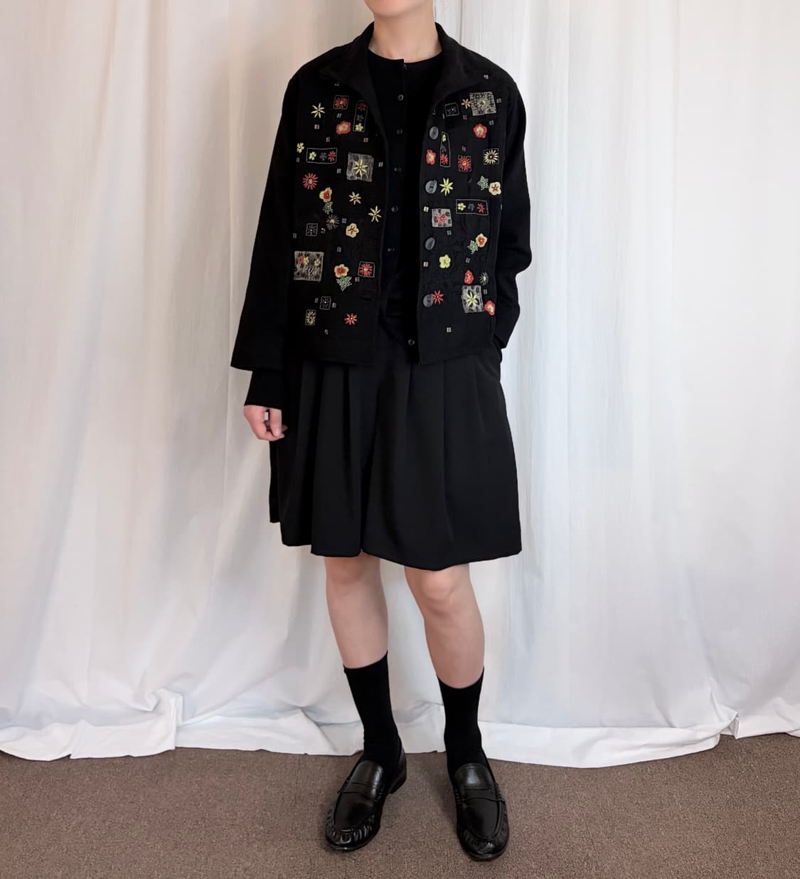 Floral Patchwork Knit Blouson - Black 상품이미지2