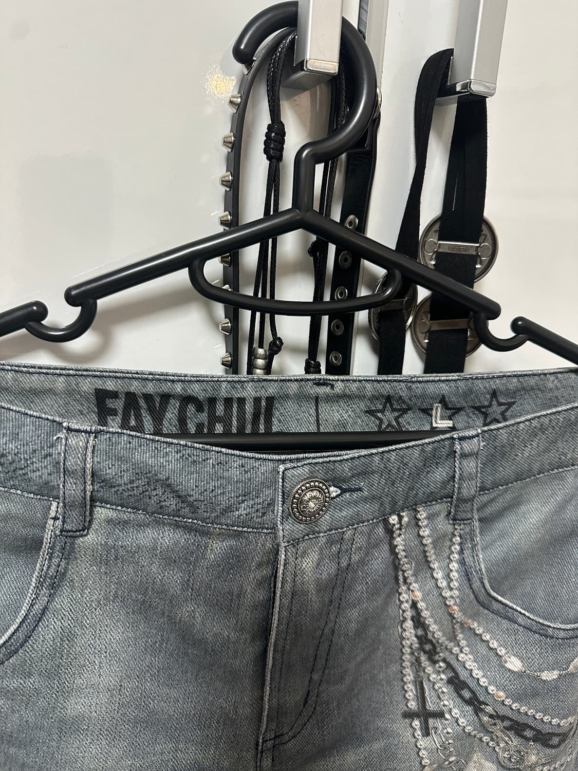 FayChui 데님 레트로 3D 진주 체인 프린팅 와이드 상품이미지6