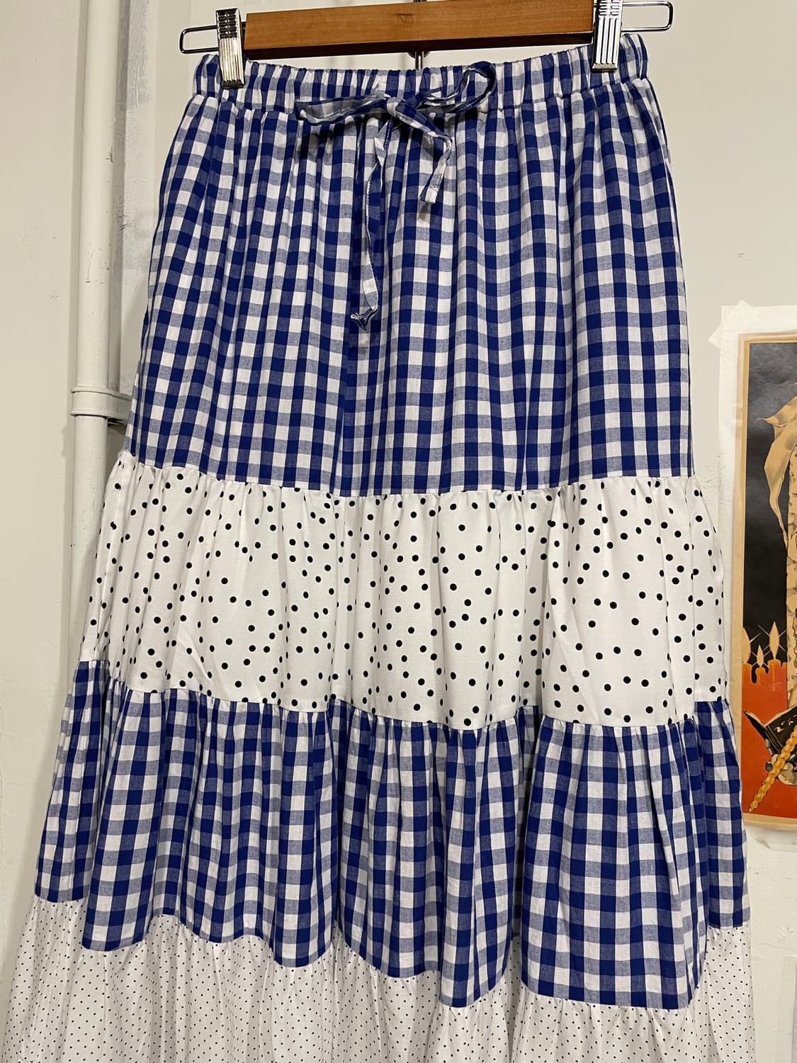 블루 체크 도트 패치워크 롱스커트 모리 상품이미지5