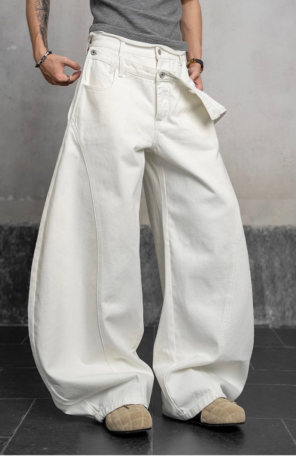 더블버튼 커브드 와이드진 화이트 상품이미지1