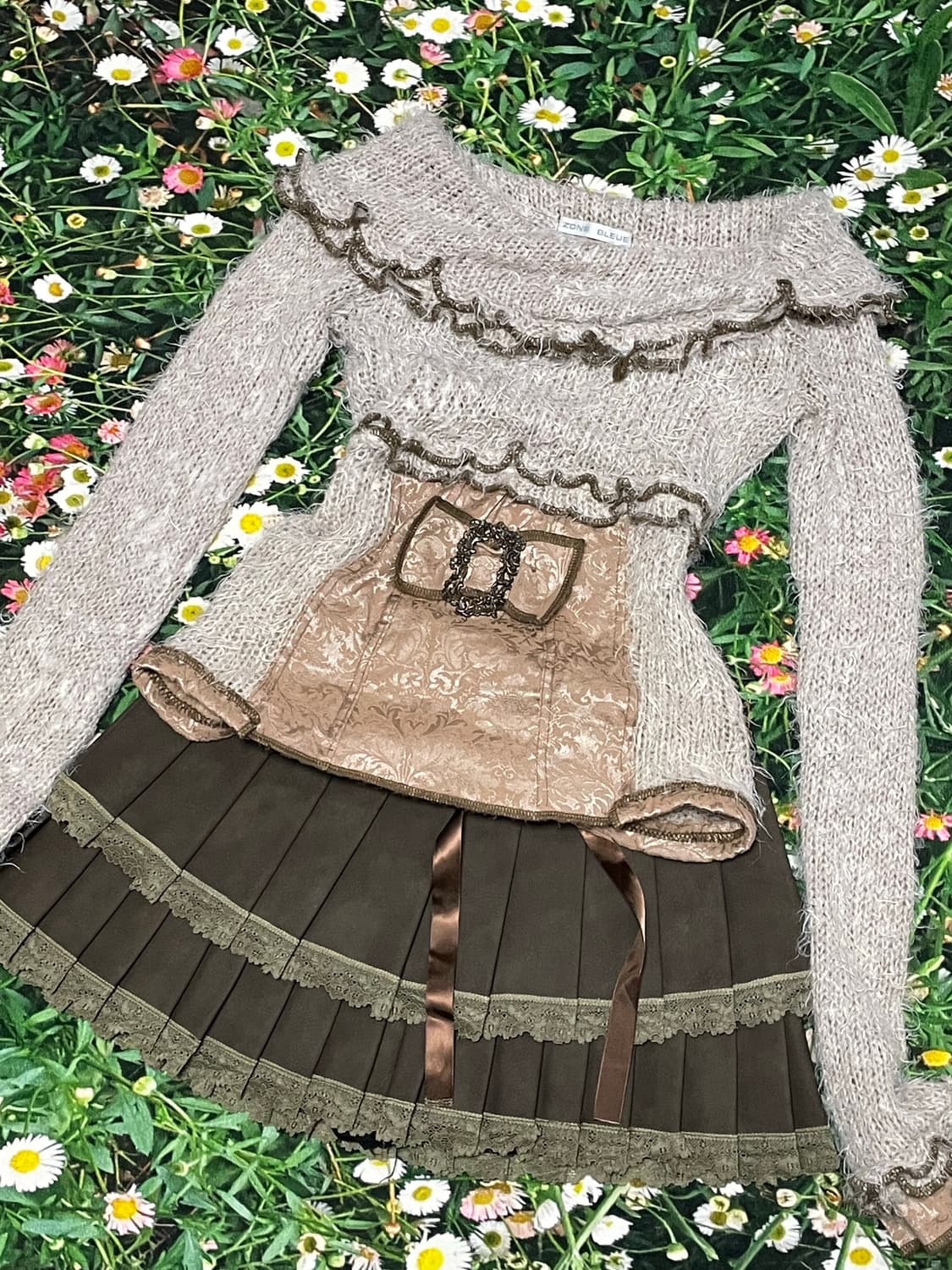 일본빈티지 라떼갸루 베이지 브라운 초코 오프숄더 세미옾숄 리본니트 상품이미지1