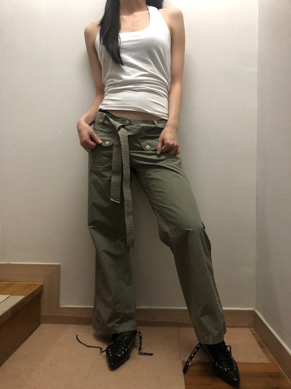 빈티지 카키 벨티드 팬츠 상품이미지1