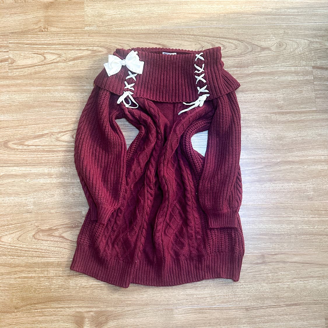 빈티지 엑시즈팜 리본 오프숄더 니트 원피스 히메갸루 로걀 라떼 긱시크 상품이미지1