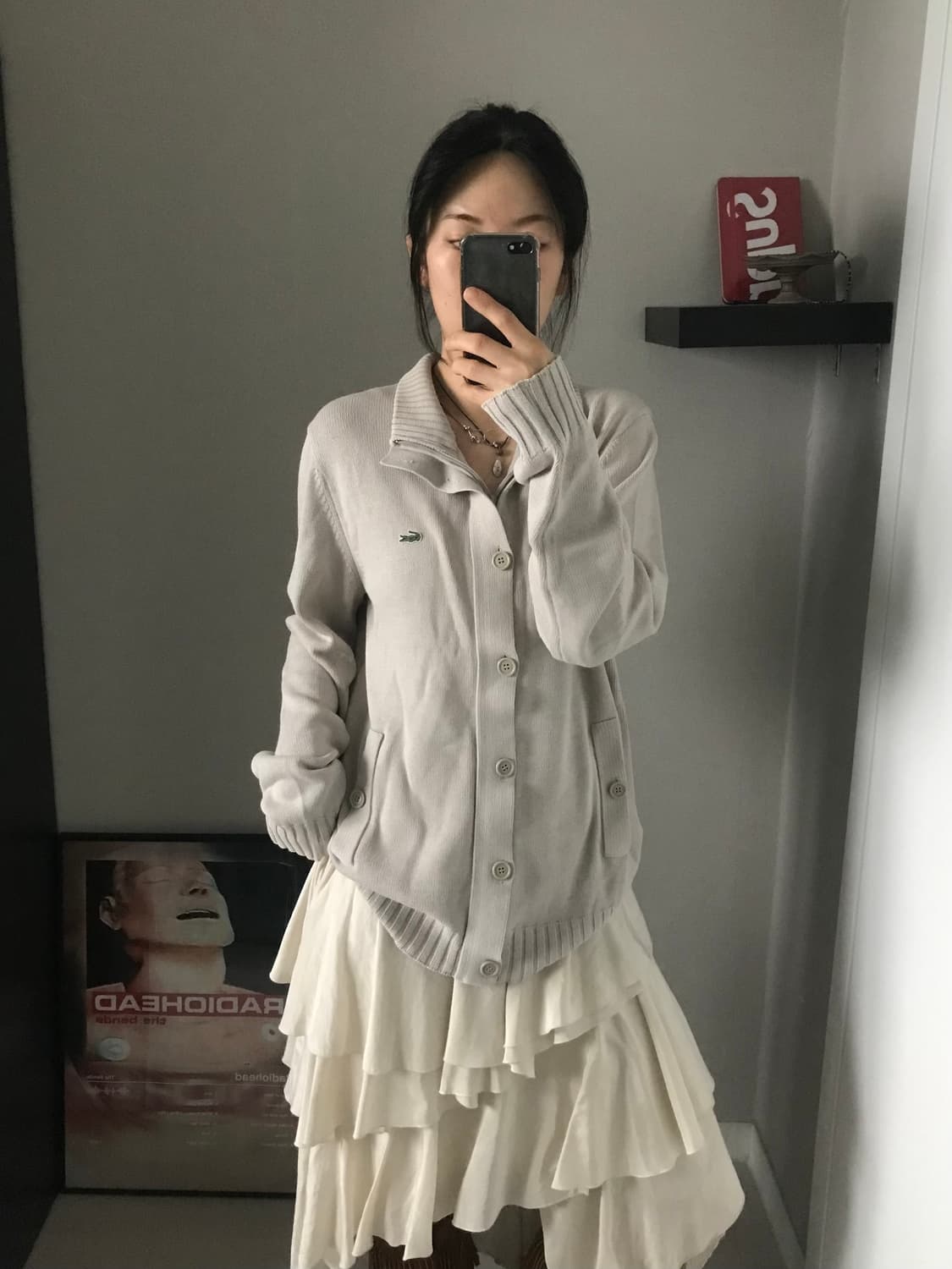 라코스테 로고 베이지 버튼 니트 집업 상품이미지2