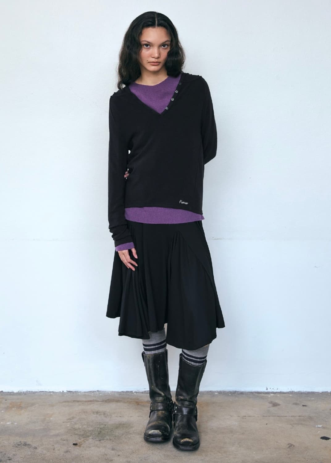 파이시스 - 플레어 패널 미디스커트 - 블랙 상품이미지1