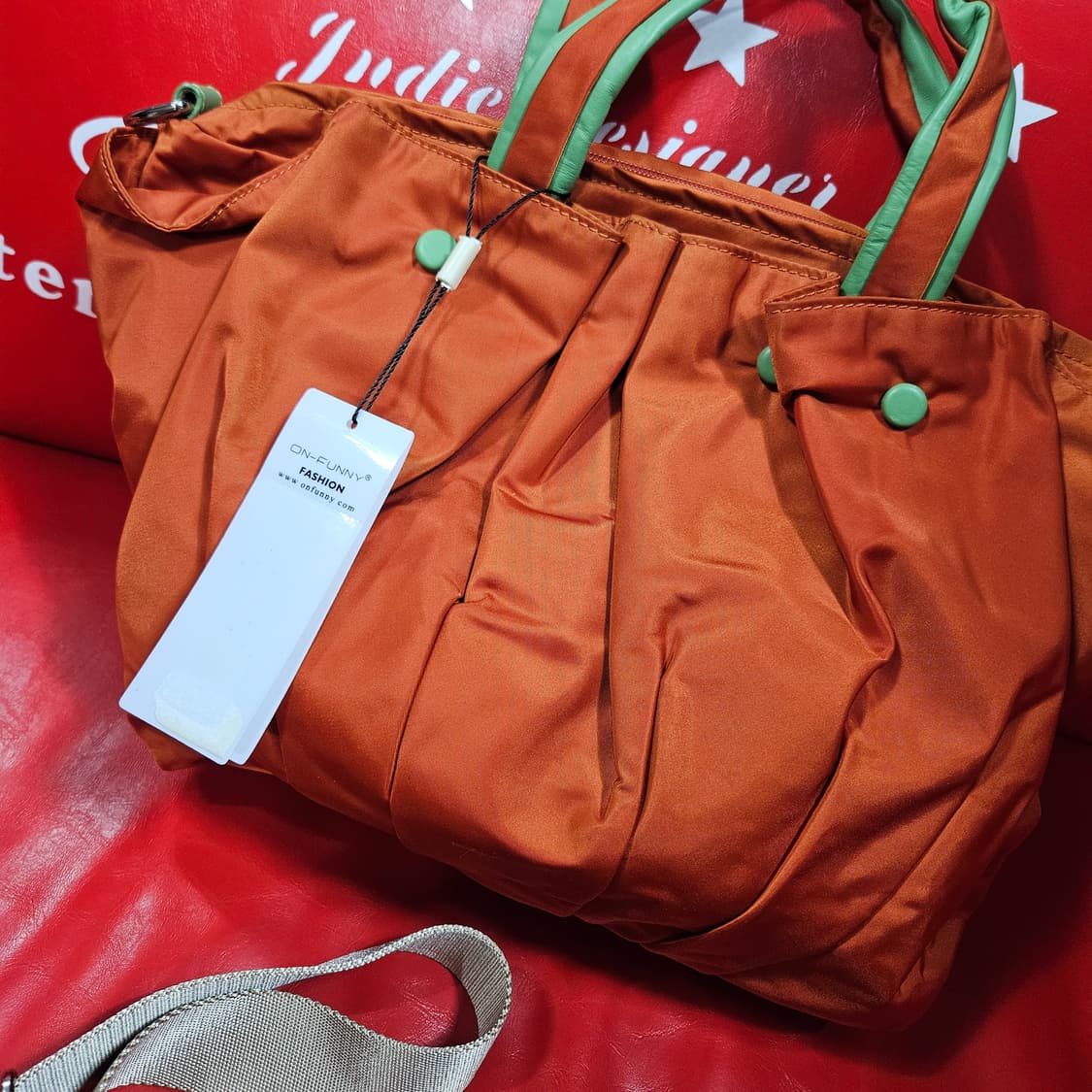 ON-FUNNY 나일론 셔링 민트 가죽배색 토트 크로스백 상품이미지2