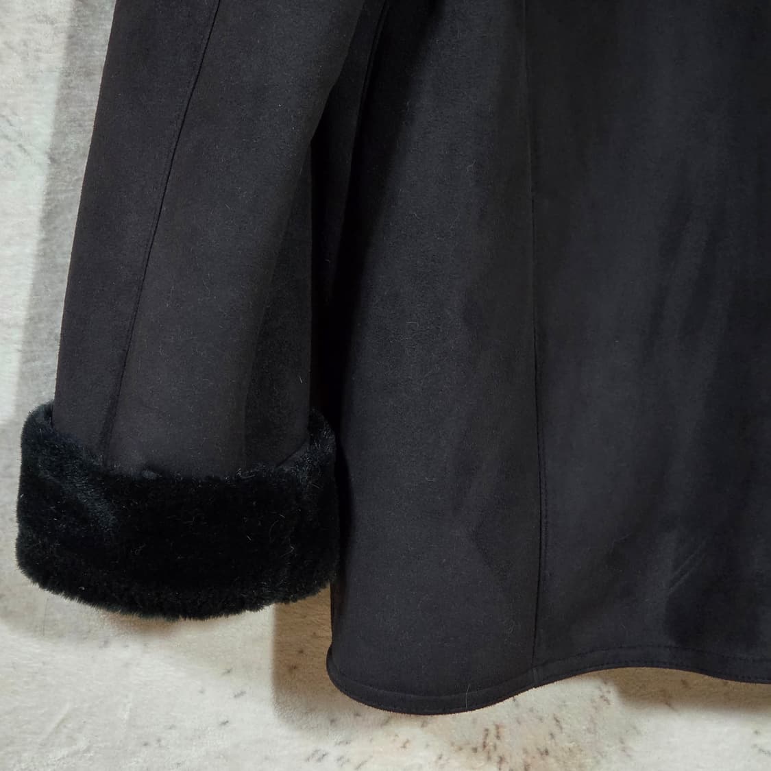 빈티지 블랙 퍼 카라 무스탕 미디 코트 상품이미지6