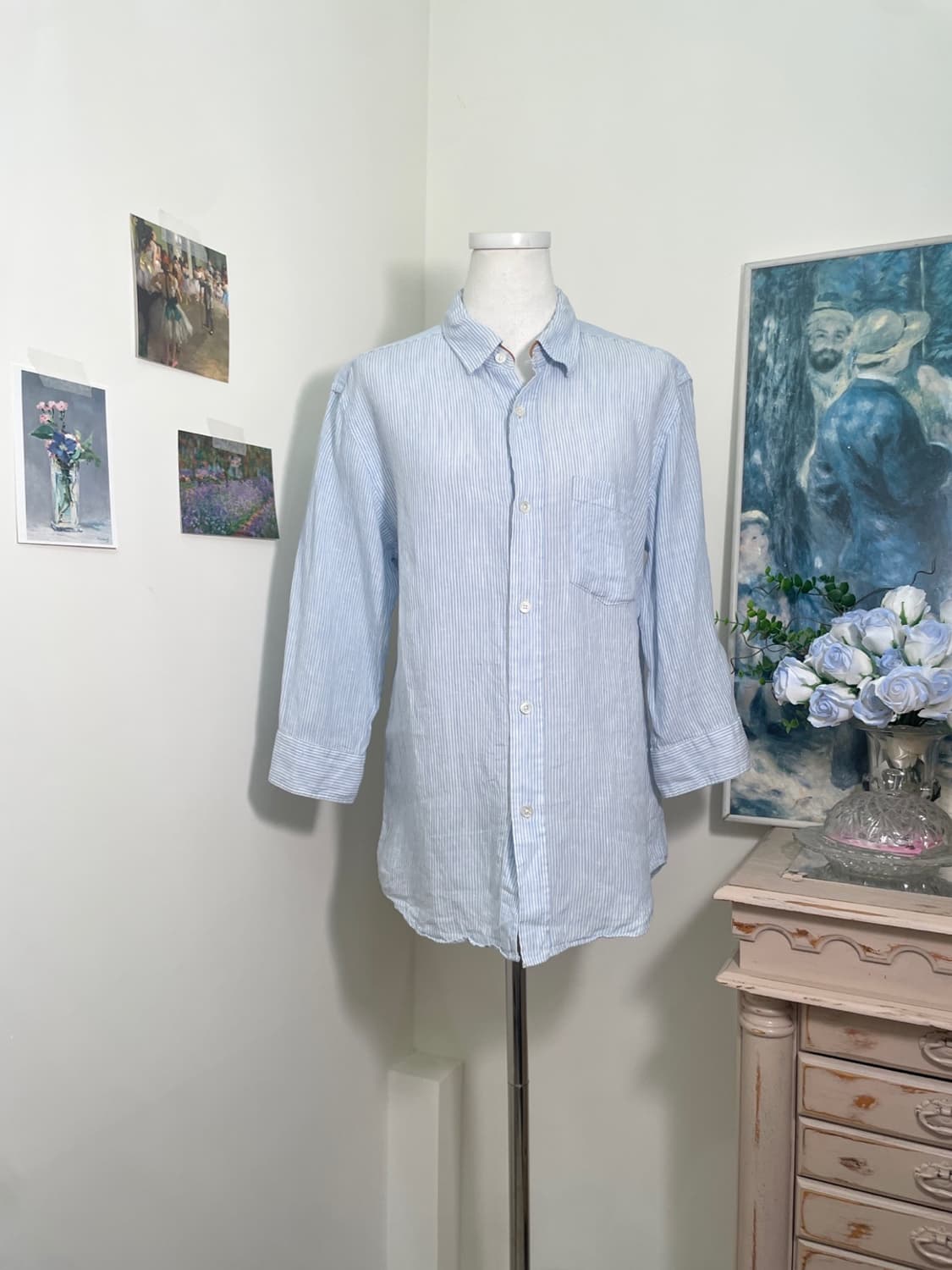 sky blue stripe 100%linen leather point 상품이미지1