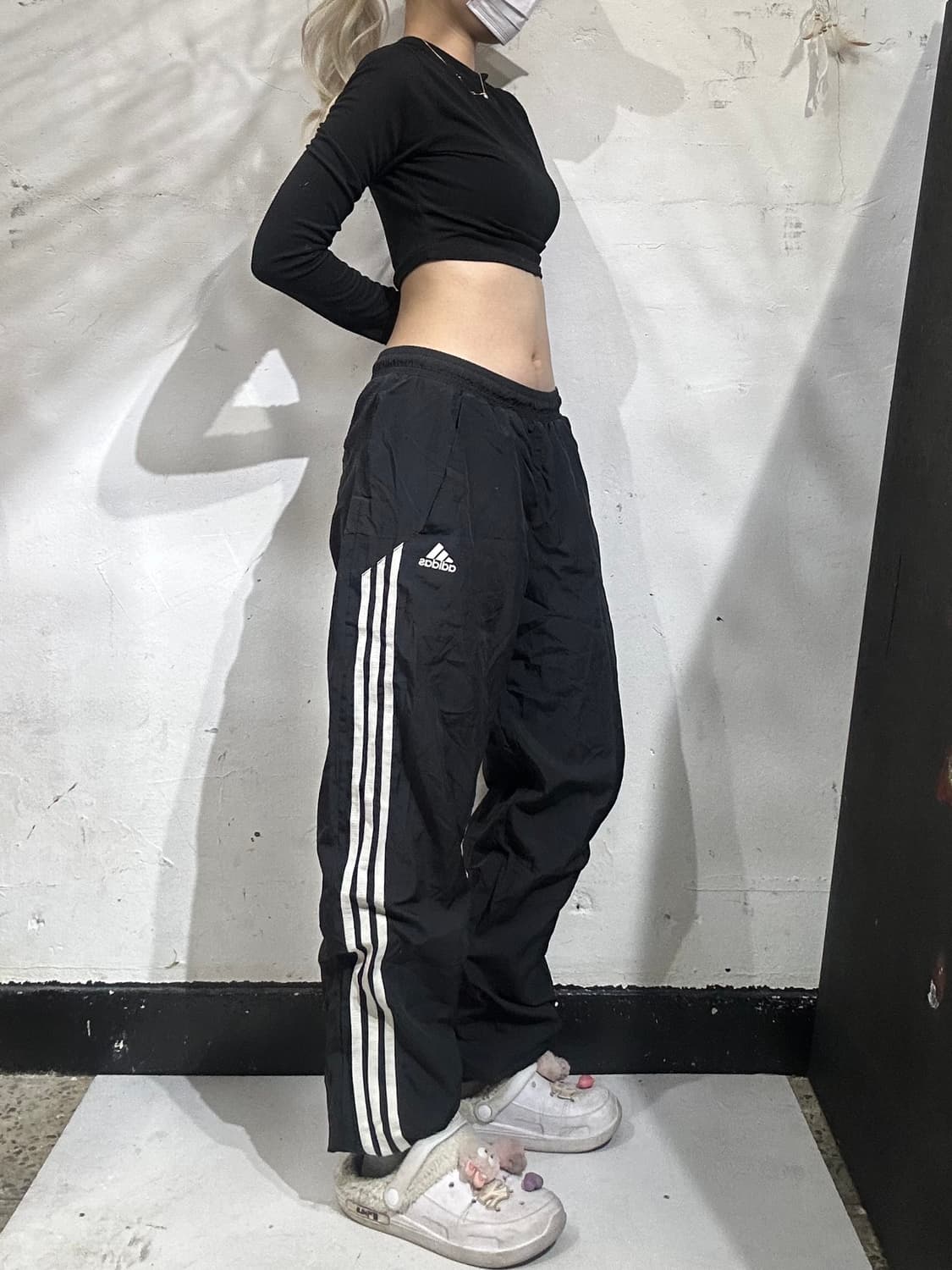 아디다스 블랙 와이드 화이트 삼선 스몰 로고 트랙 팬츠 M 상품이미지1
