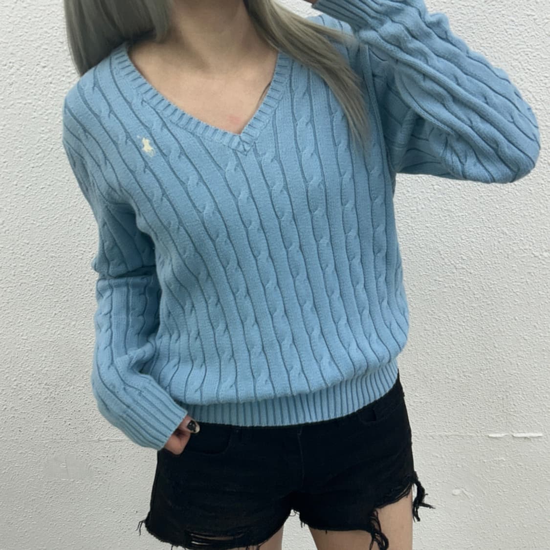 폴로 랄프로렌 화이트포니 베이비블루 꽈배기 브이니트 L 상품이미지1