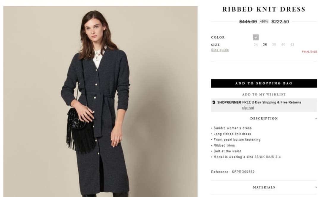 산드로 그레이 울 니트 원피스 36 상품이미지2